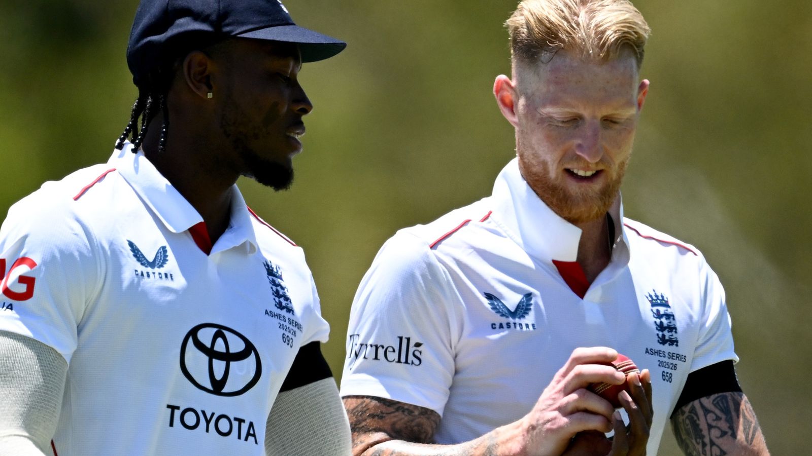 England captain Ben Stokes is handed the ball by Jofra Archer in the Ashes warm-up match
