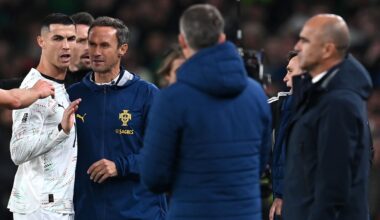 Cristiano Ronaldo is restrained by staff after being sent off in Portugal's match against Republic of Ireland