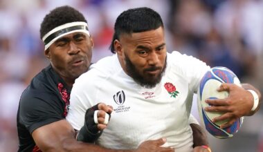 England's Manu Tuilagi is tackled by Fiji's Vinaya Habosi during the Rugby World Cup 2023 quarter-final match at the Stade Velodrome in Marseille, France. Picture date: Sunday October 15, 2023.