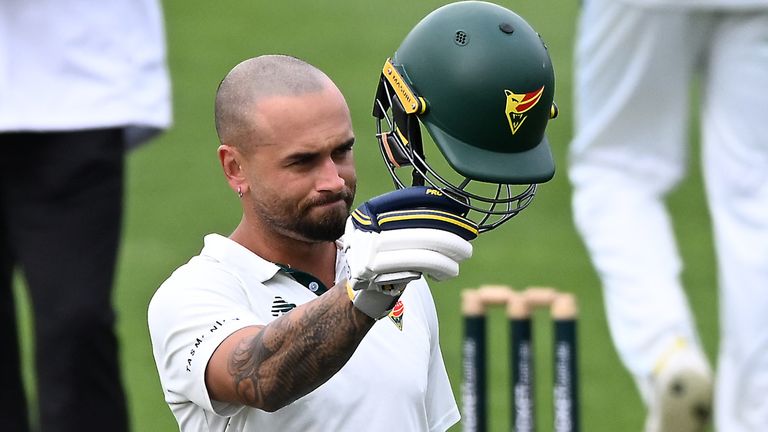 Jake Weatherald celebrates a century for Tasmania in the 2024-25 Sheffield Shield (Getty Images)