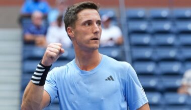 Joe Salisbury reacts during a men's doubles championship match at the 2023 US Open, Friday, Sep. 8, 2023 in Flushing, NY. (Darren Carroll/USTA via AP)