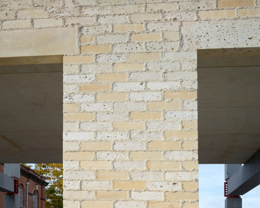 Close-up photo of the stone brickwork on the Stone Demonstrator facade