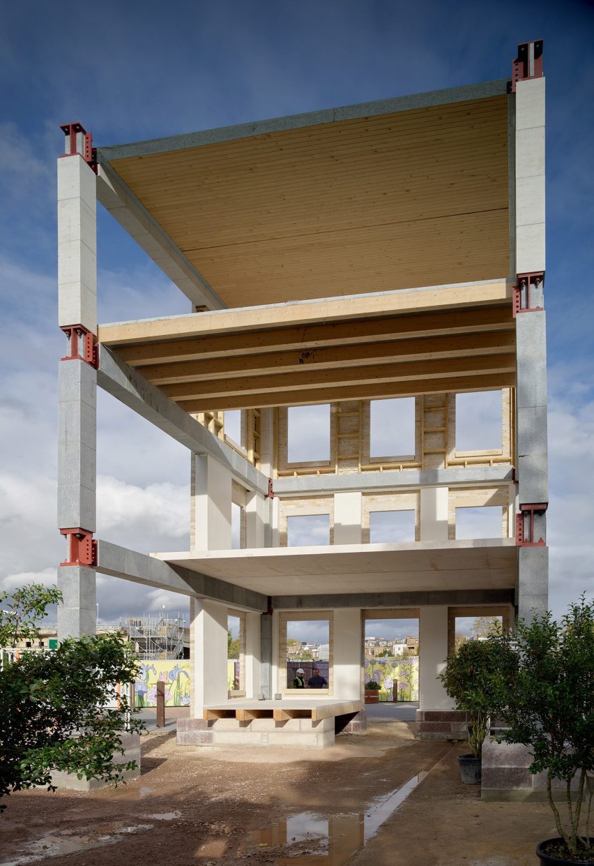 Photo of the back of the Stone Demonstrator prototype showing different hybrid stone structures for the flooring slab on two different levels, one combined with wood