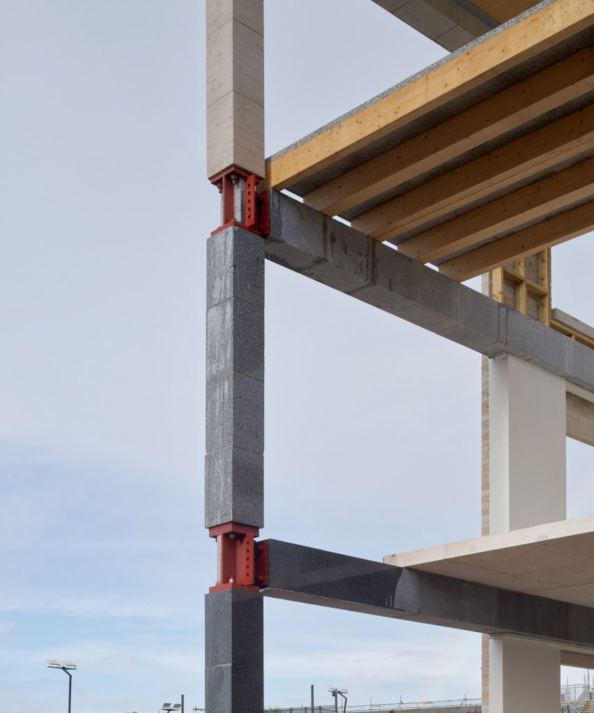 Close-up photo of the Stone Demonstrator, showing stone blocks pre-tensioned with steel into long beams and columns to make a frame