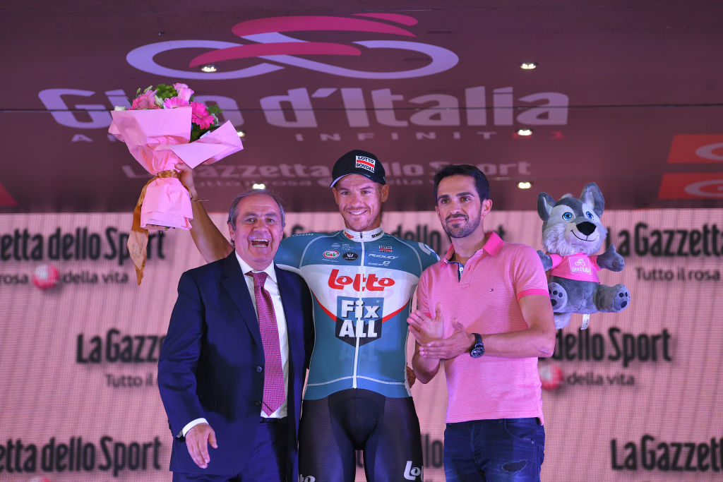 ROME, ITALY - MAY 27: Podium / Mauro Vegni of Italy RCS Race Director Tour of Italy / Adam Hansen of Australia and Team Lotto Soudal twenty consecutive Grand Tours / Alberto Contador od Spain / Celebration / during the 101st Tour of Italy 2018, Stage 21 a 115km stage from Rome to Rome / Giro d'Italia / on May 27, 2018 in Rome, Italy. (Photo by Tim de Waele/Getty Images)