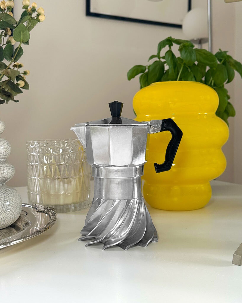 turbo moka's helical spiral design reinvents the iconic coffee pot for energy efficiency