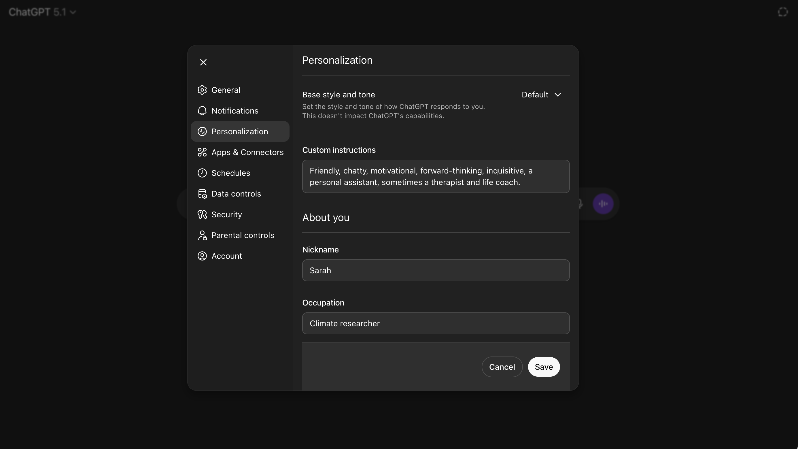 A screenshot of the chatgpt interface showing custom instructions