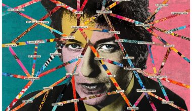 Collage art of a man’s face with colourful lines and words on a vibrant pink and teal background.