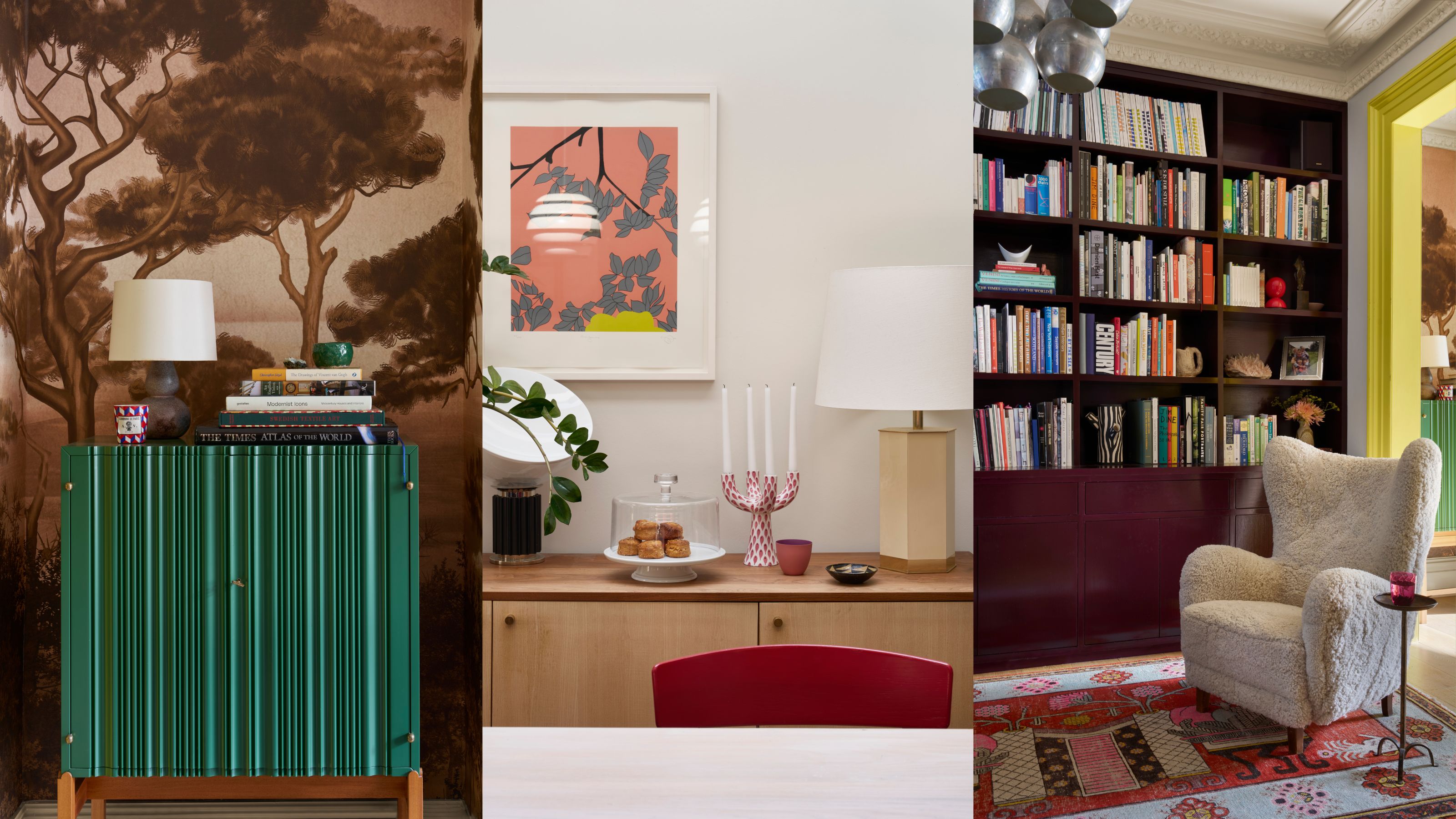 Thee different shots of a home designed by Suzy Hoodless. On the far left is a show of a storage unit in green placed in the living room. In the middle is a shot of the area of a kitchen with decor pieces and a table lamp on top. On the far right is a shot of the library in the home with an arm chair placed in the corner.