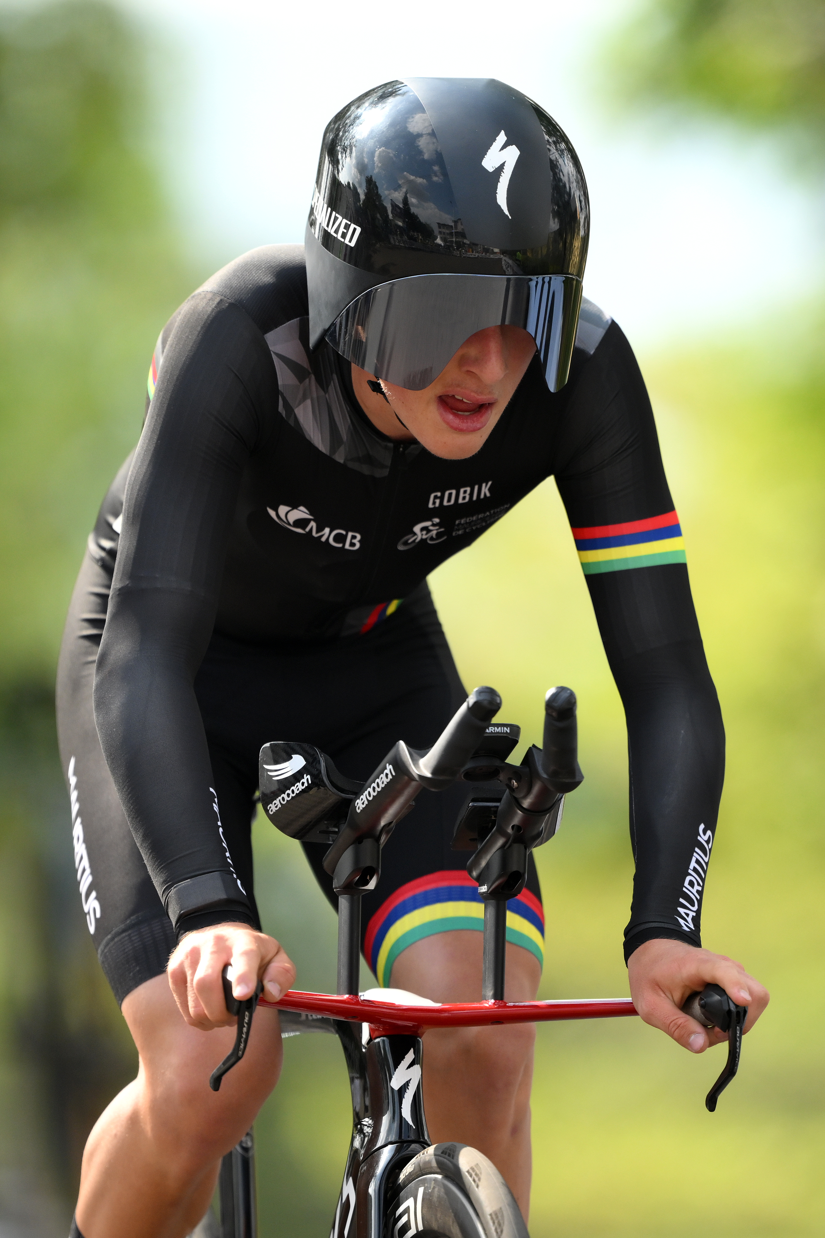 KIGALI, RWANDA - SEPTEMBER 23: Tristan Hardy and Team Mauritius competes during the 98th UCI Cycling World Championships Kigali 2025 - Men Junior Individual Time Trial a 22.6km race from Kigali to Kigali on September 23, 2025 in Kigali, Rwanda. (Photo by David Ramos/Getty Images)