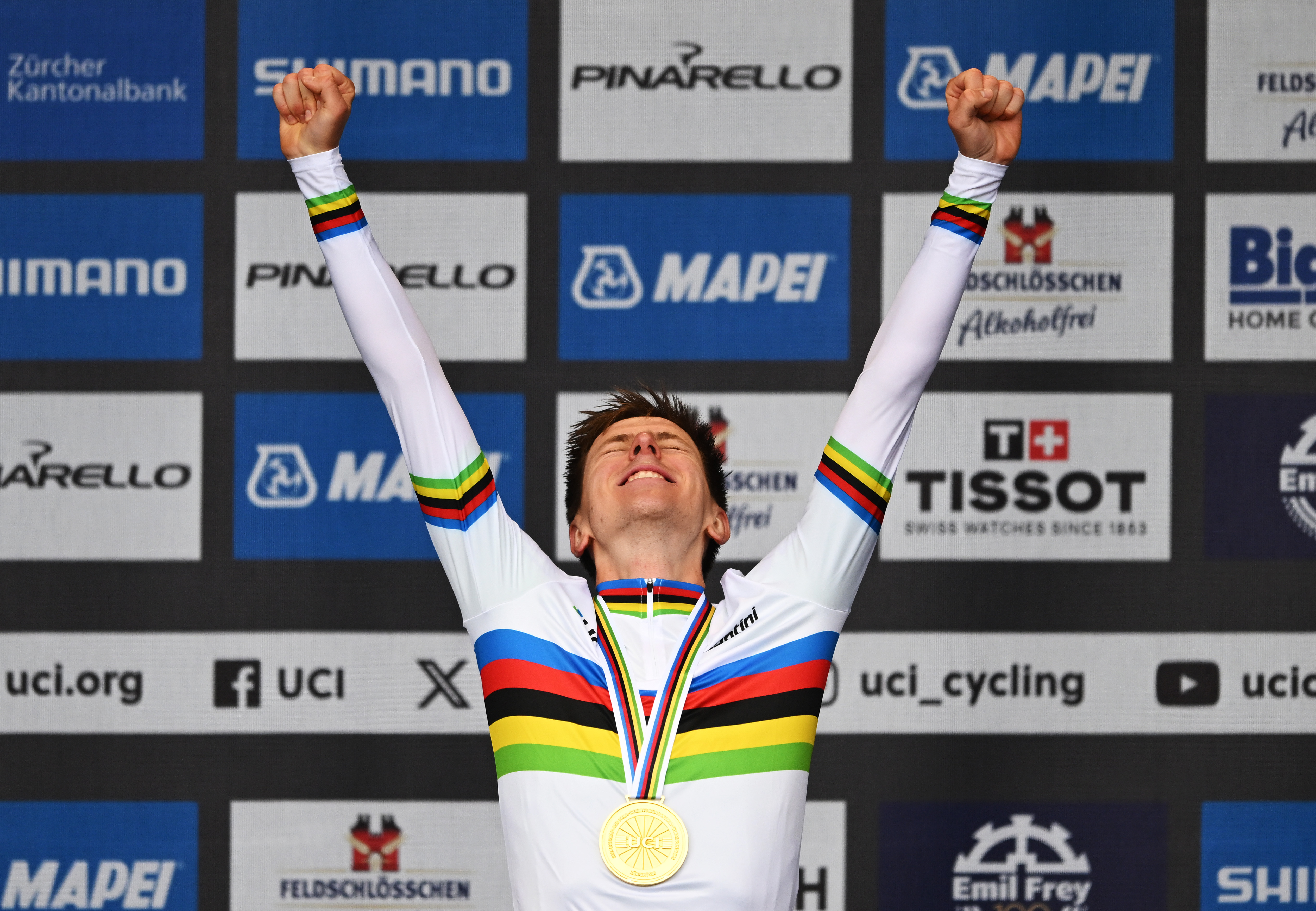 ZURICH, SWITZERLAND - SEPTEMBER 29: Gold medalist Tadej Pogacar of Team Slovenia celebrates on the podium during the 97th UCI Cycling World Championships Zurich 2024, Men&amp;apos;s Elite Road Race a 273.9km one day race from Winterthur to Zurich on September 29, 2024 in Zurich, Switzerland. (Photo by Tim de Waele/Getty Images)