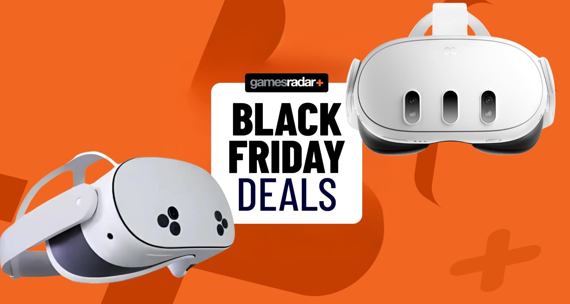 A Meta Quest 3 and supposed Quest 3S on an orange background, slightly covering a Black Friday deals badge