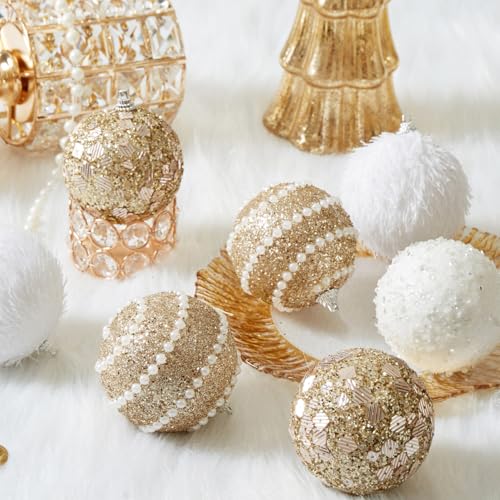 Champagne Gold Christmas Ball Ornaments, Christmas Ball Decorations Shatterproof Plastic Hanging Pearl Balls for Holiday Party(70mm/2.76", 12ct)