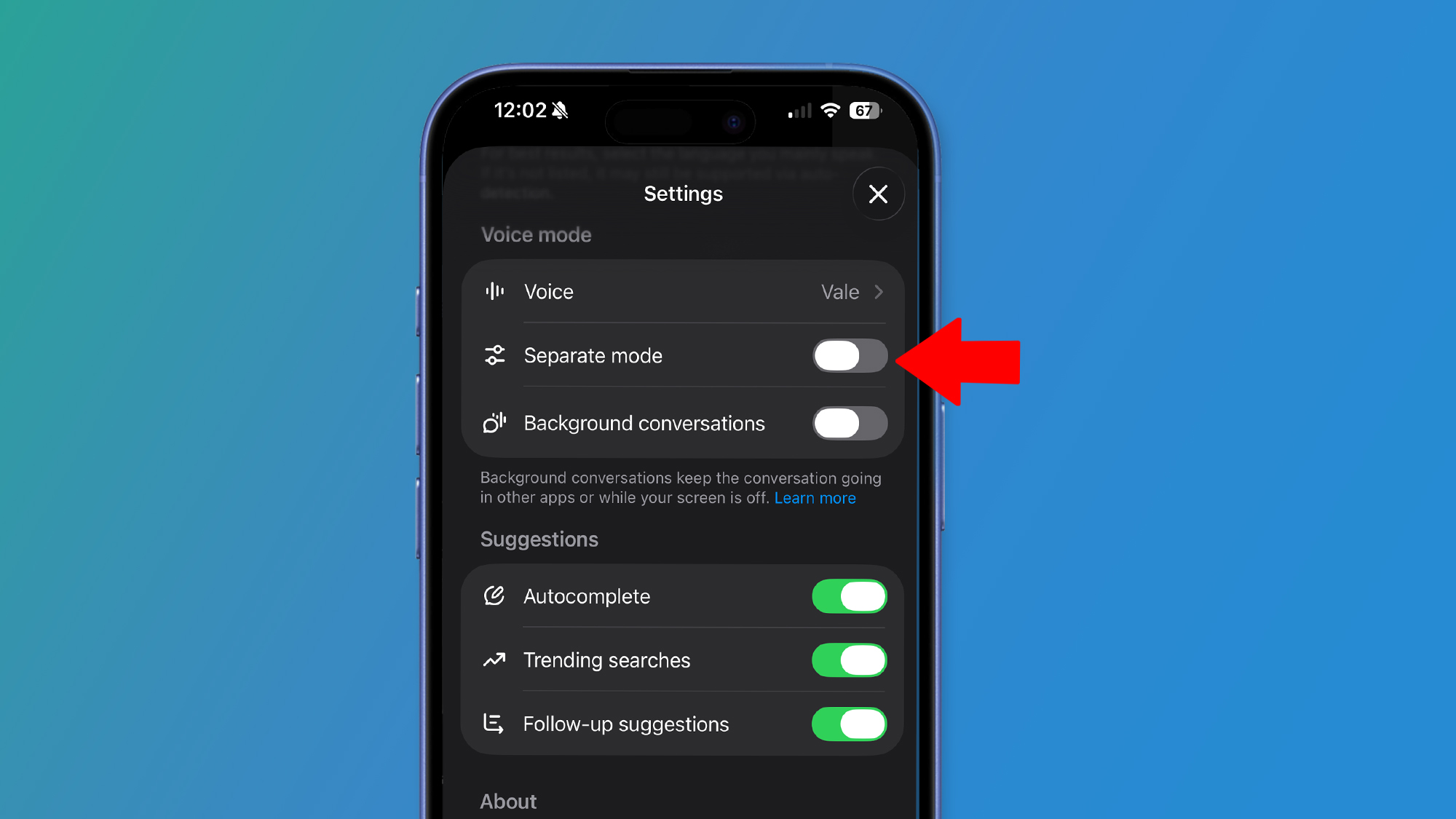 An iPhone on a blue background showing ChatGPT's voice mode settings