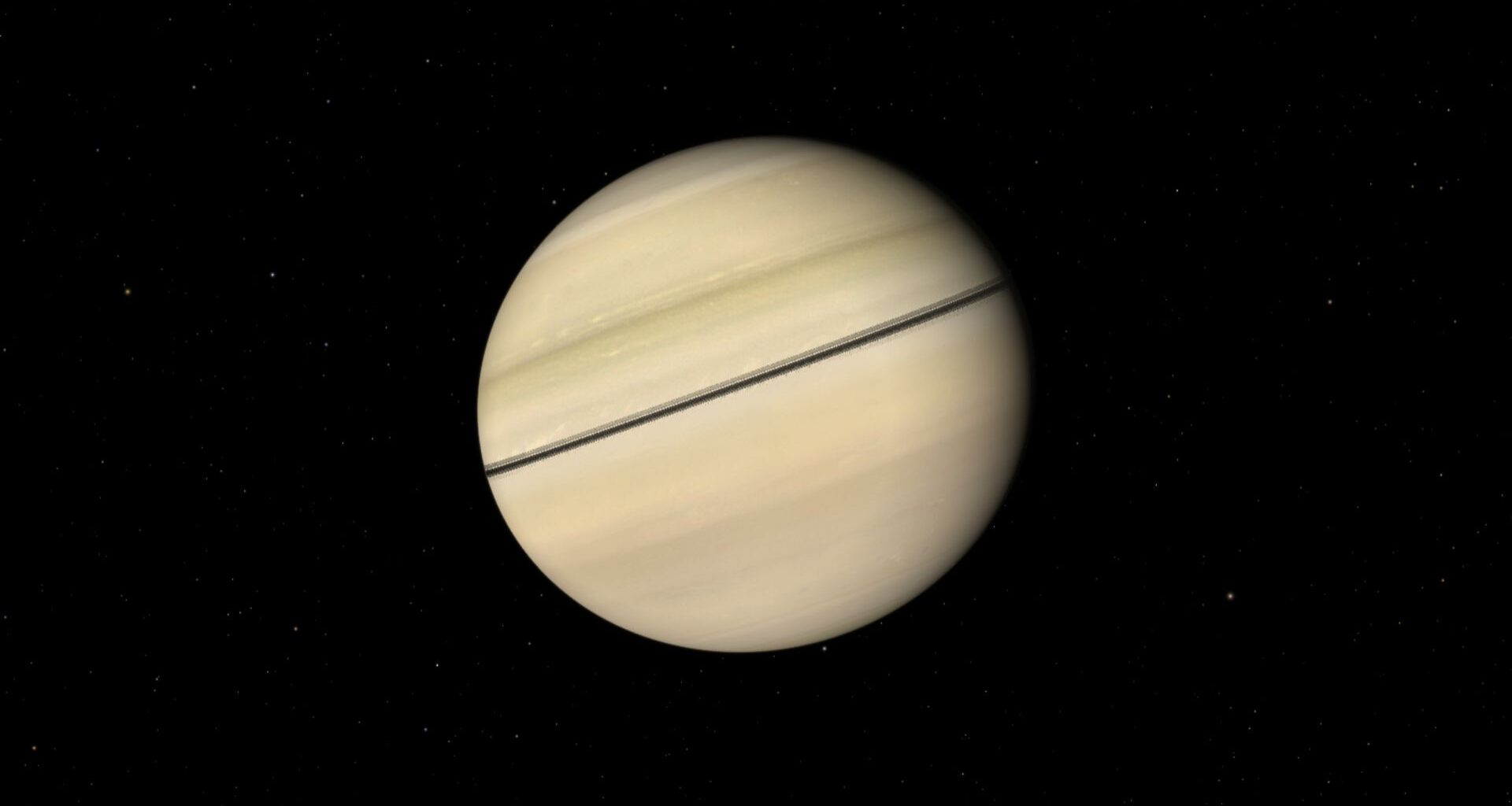 A photo of Saturn in the darkness of space with its rings stacked together