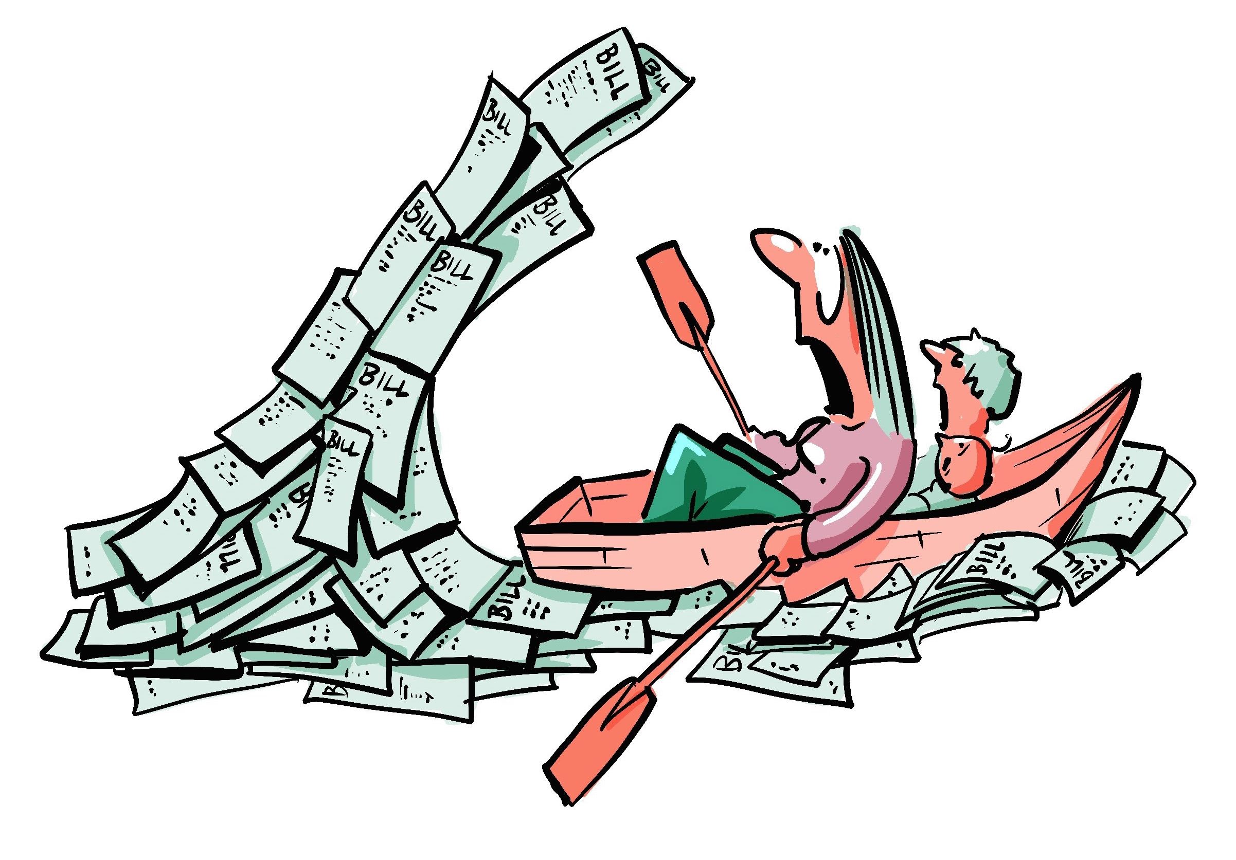 Illustration of a person rowing a boat through a sea of bills, with more bills forming a wave behind them.