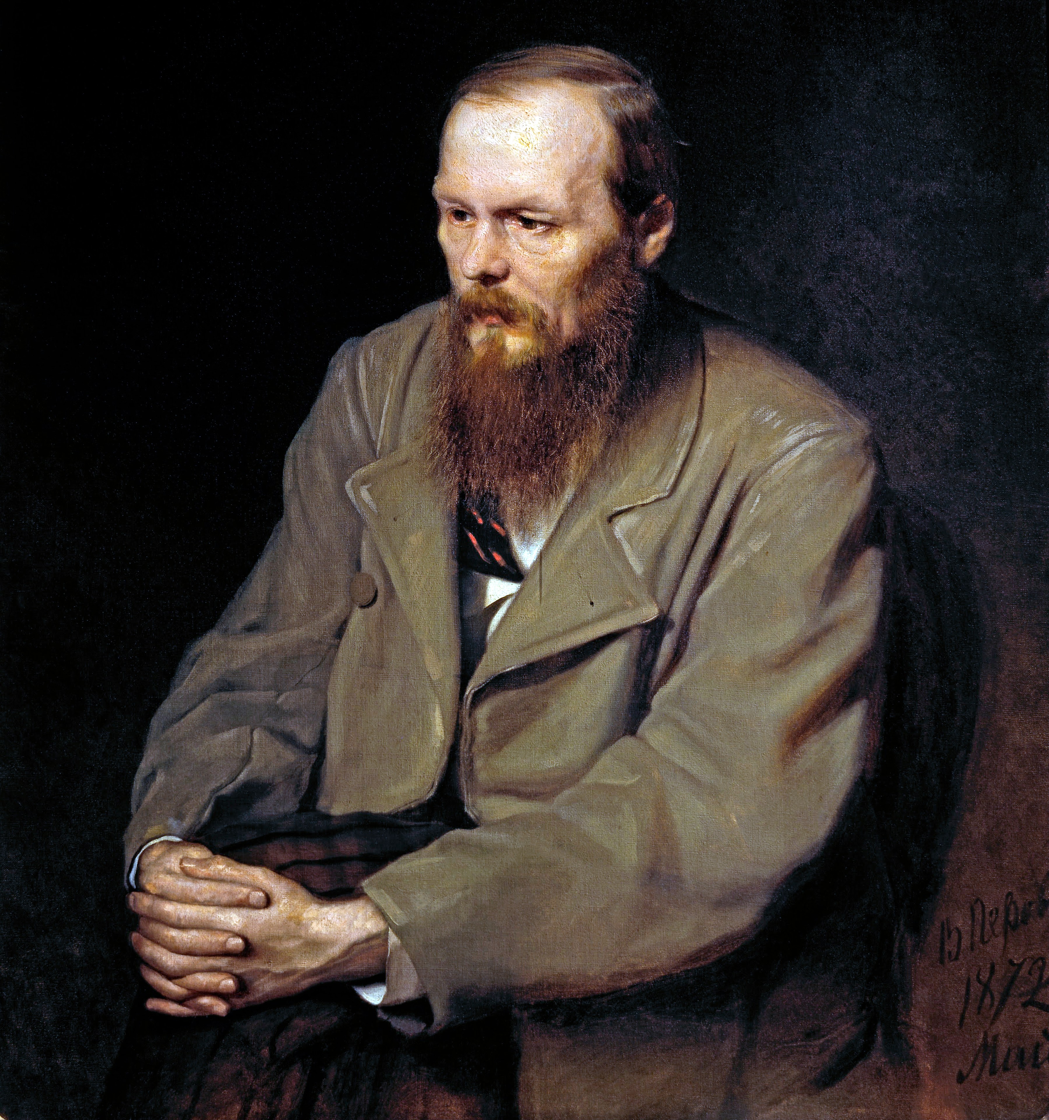 Oil painting portrait of Fyodor Dostoevsky by Vasily Perov.