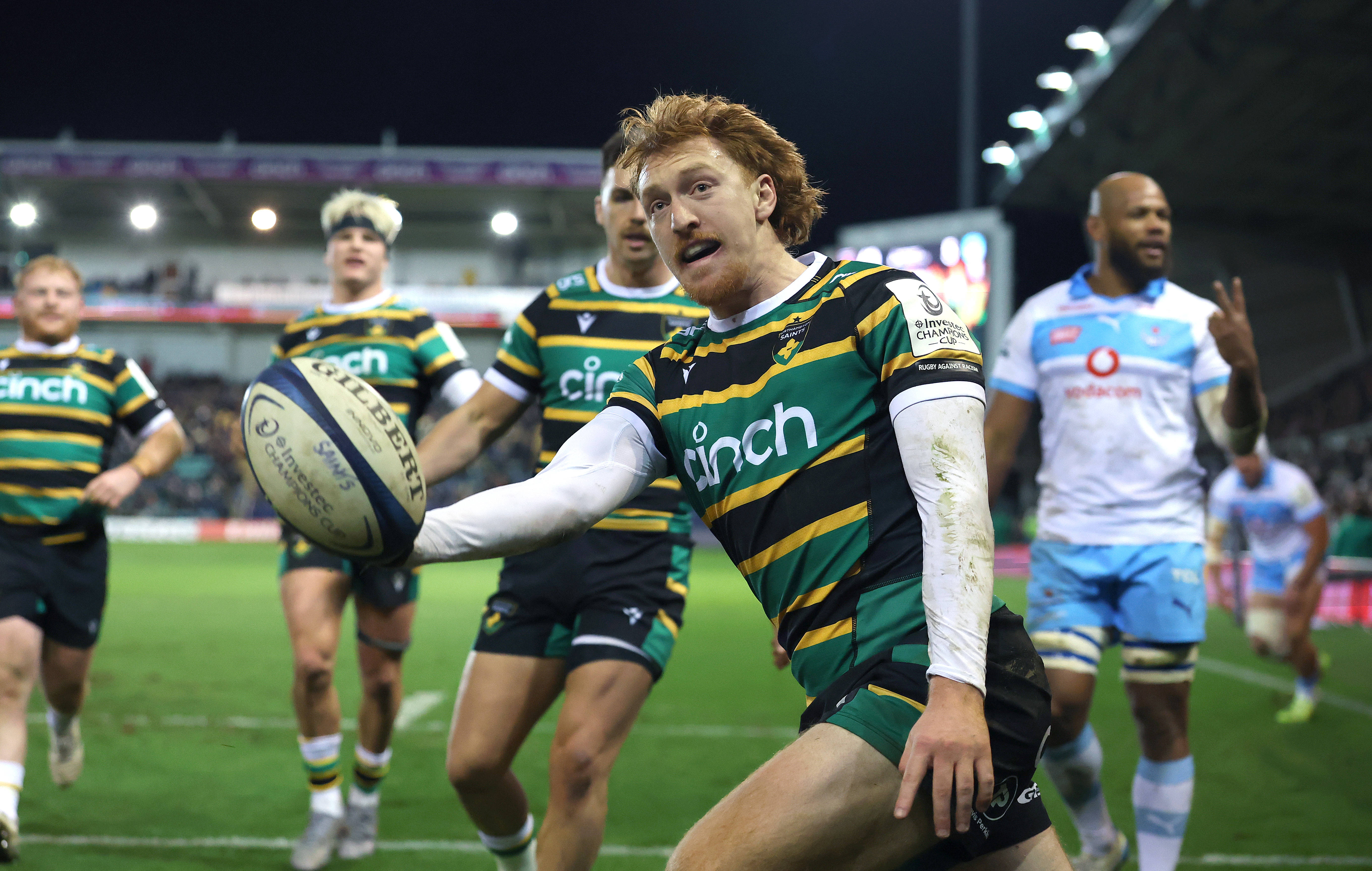 George Hendy of Northampton Saints celebrates after scoring his third try.