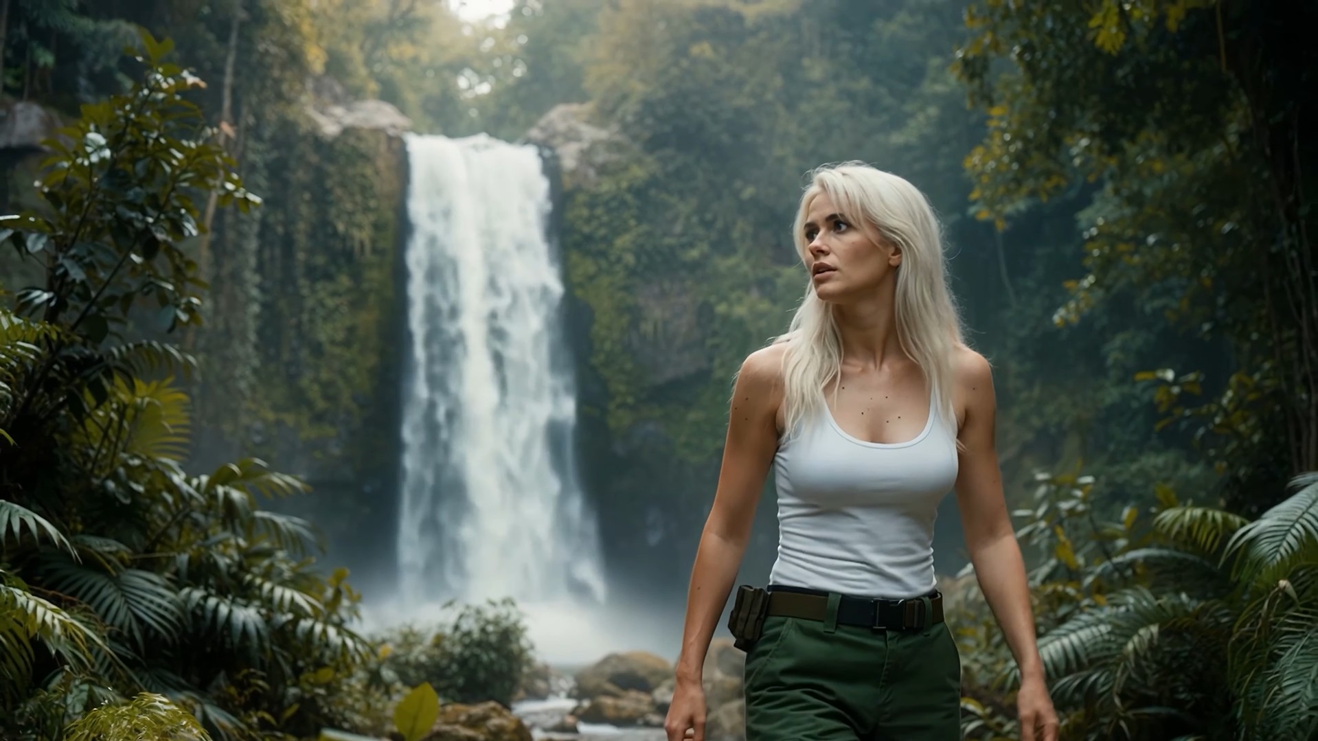 AI-generated character in a white tank top and green pants in front of a waterfall.
