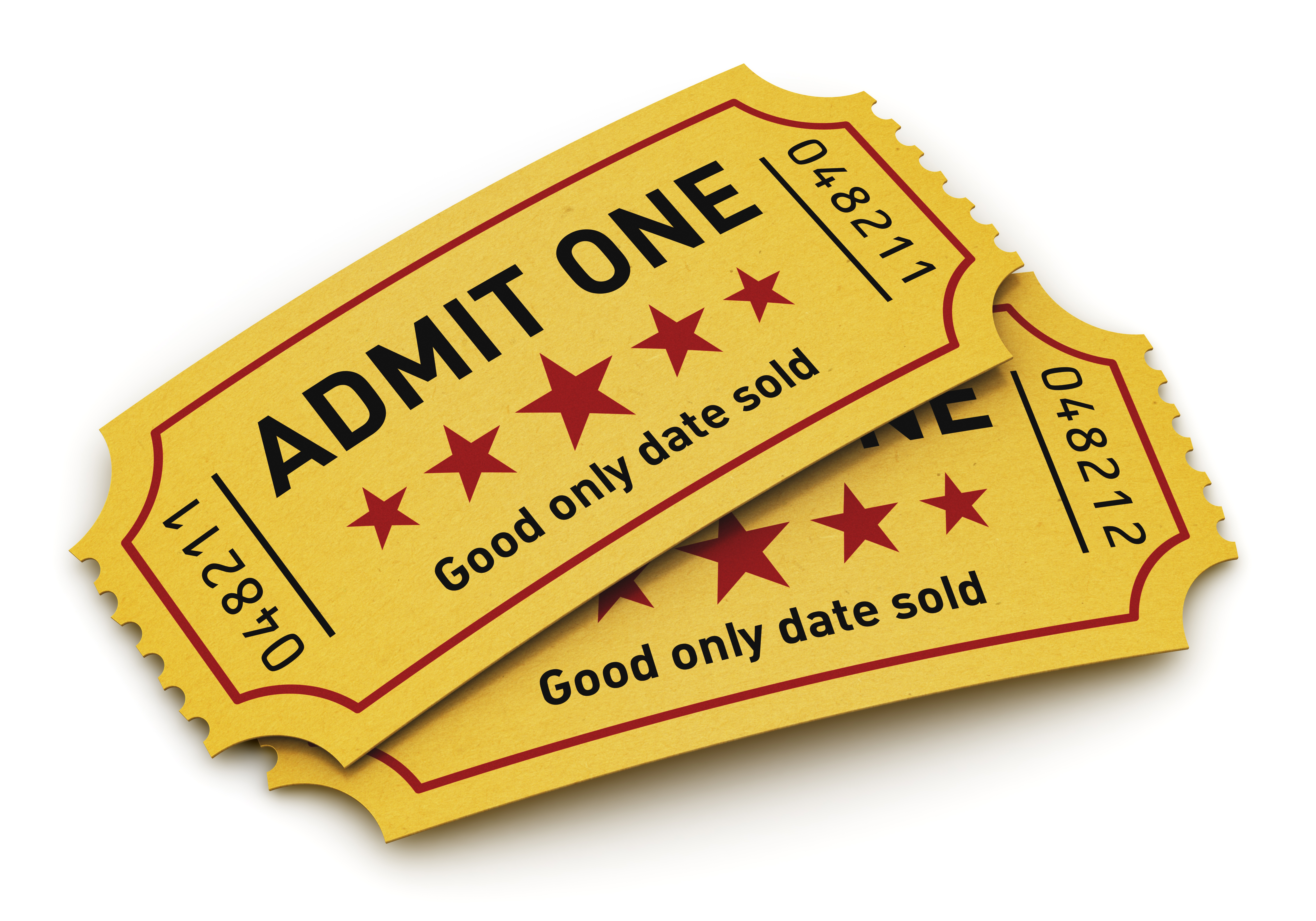 Two yellow cinema tickets with "ADMIT ONE" printed on them.