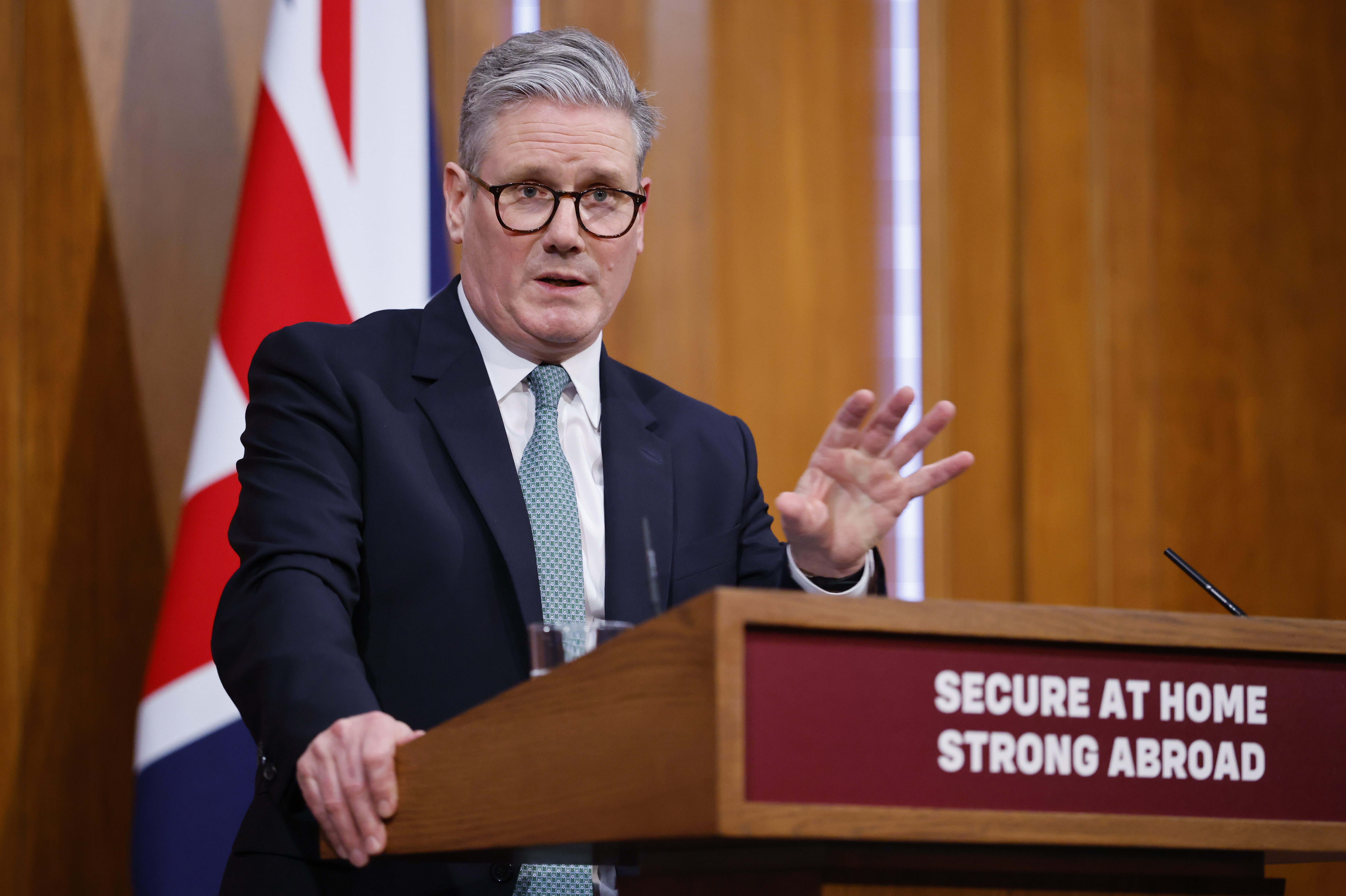 British Prime Minister Keir Starmer delivers a press statement on defense.