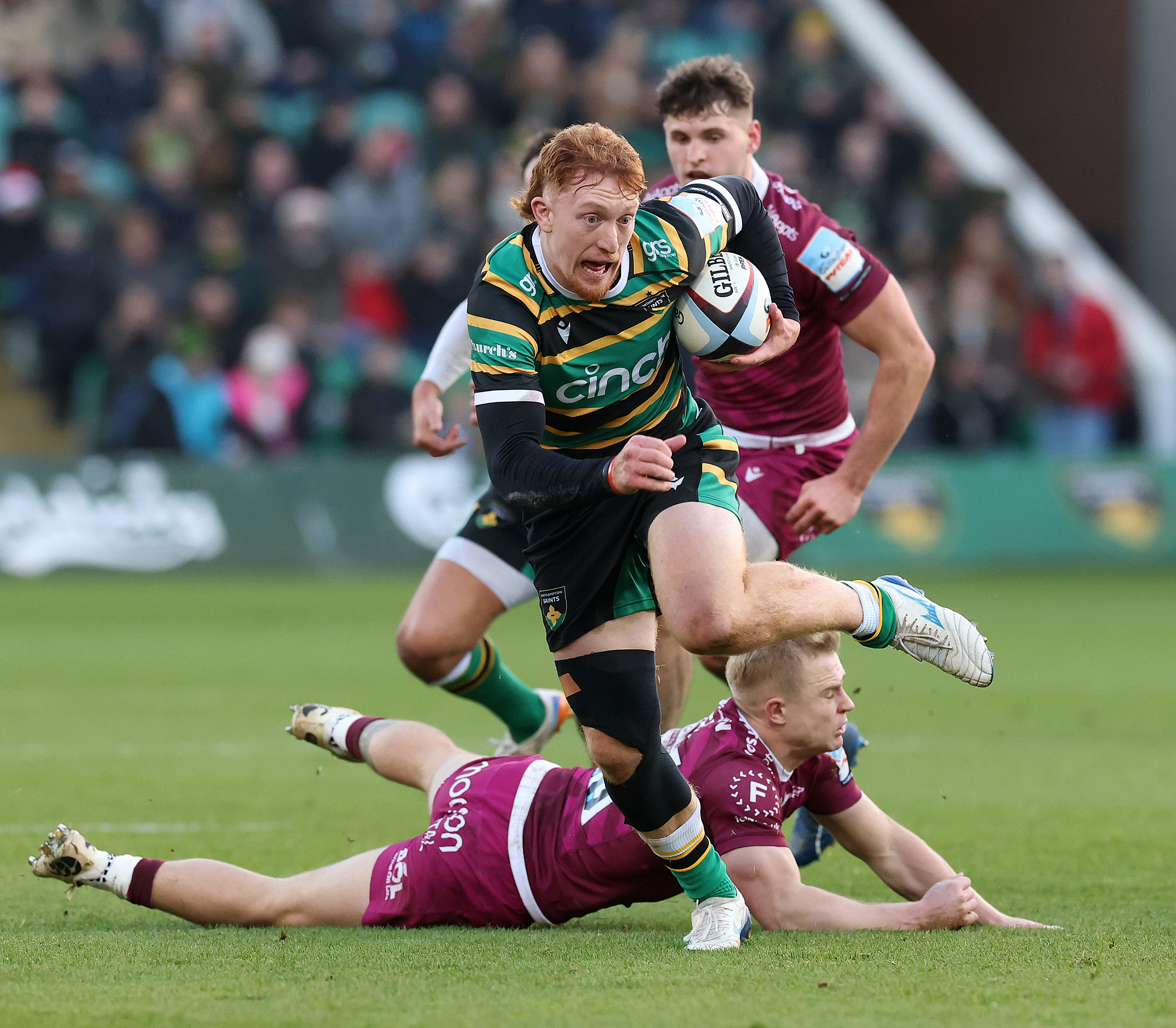 George Hendy of Northampton Saints scoring a try against Sale Sharks.