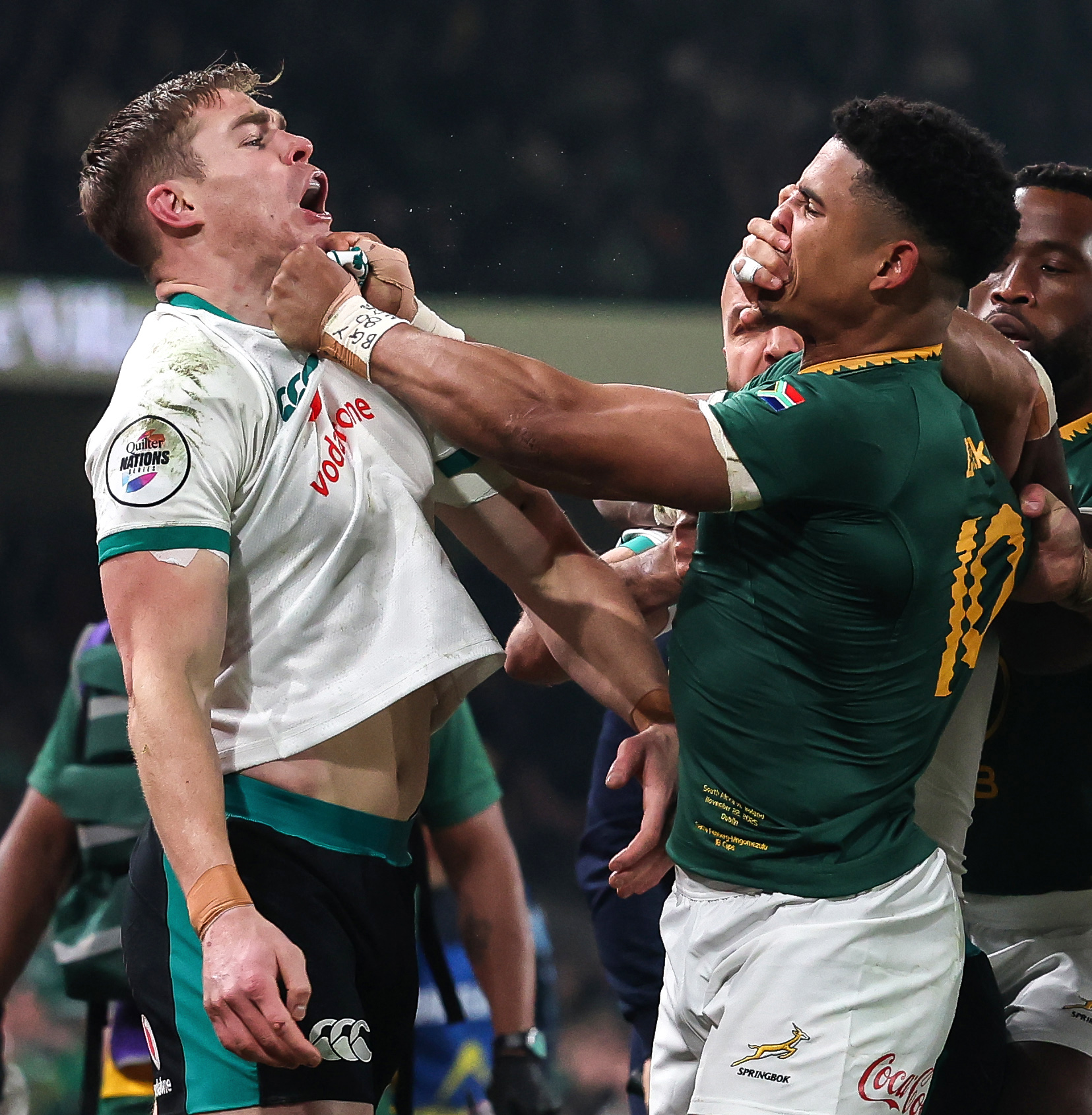 Tempers flare between Ireland’s Garry Ringrose and South Africa’s Sacha Feinberg Mngomezulu during a rugby match.