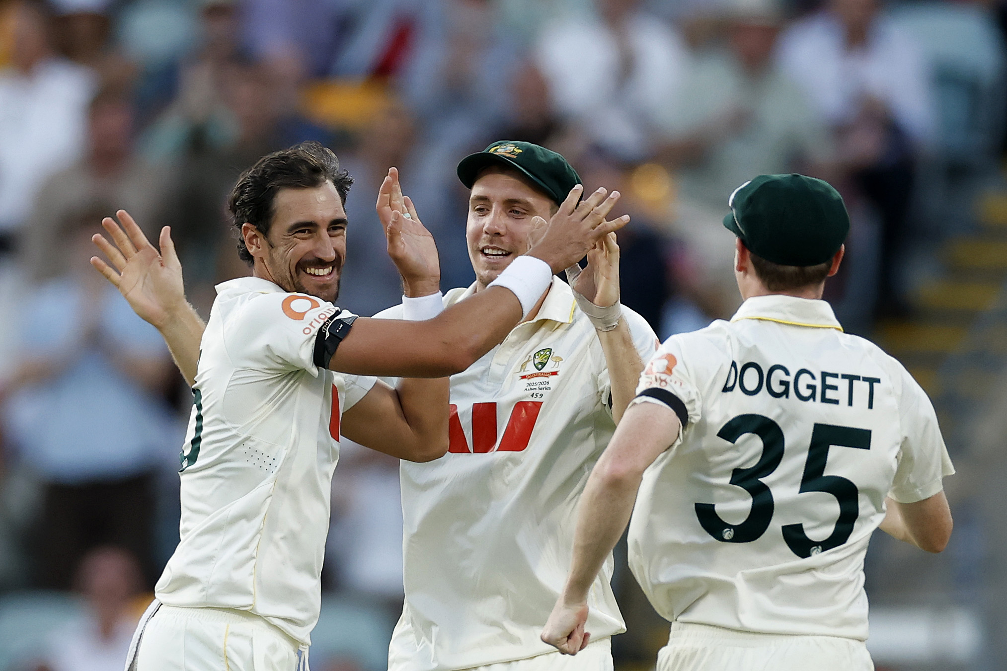 Mitchell Starc of Australia celebrates the wicket of Harry Brook of England during day one of the Second 2025/26 Ashes Series Test Match.