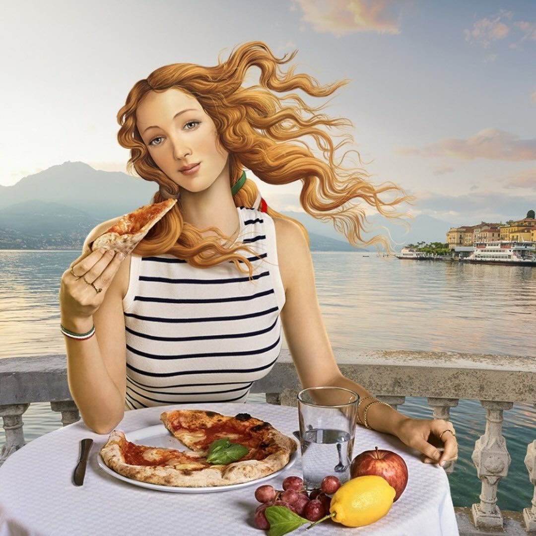 Illustration of Venus from Botticelli's "The Birth of Venus" as a modern woman eating pizza by a lake.