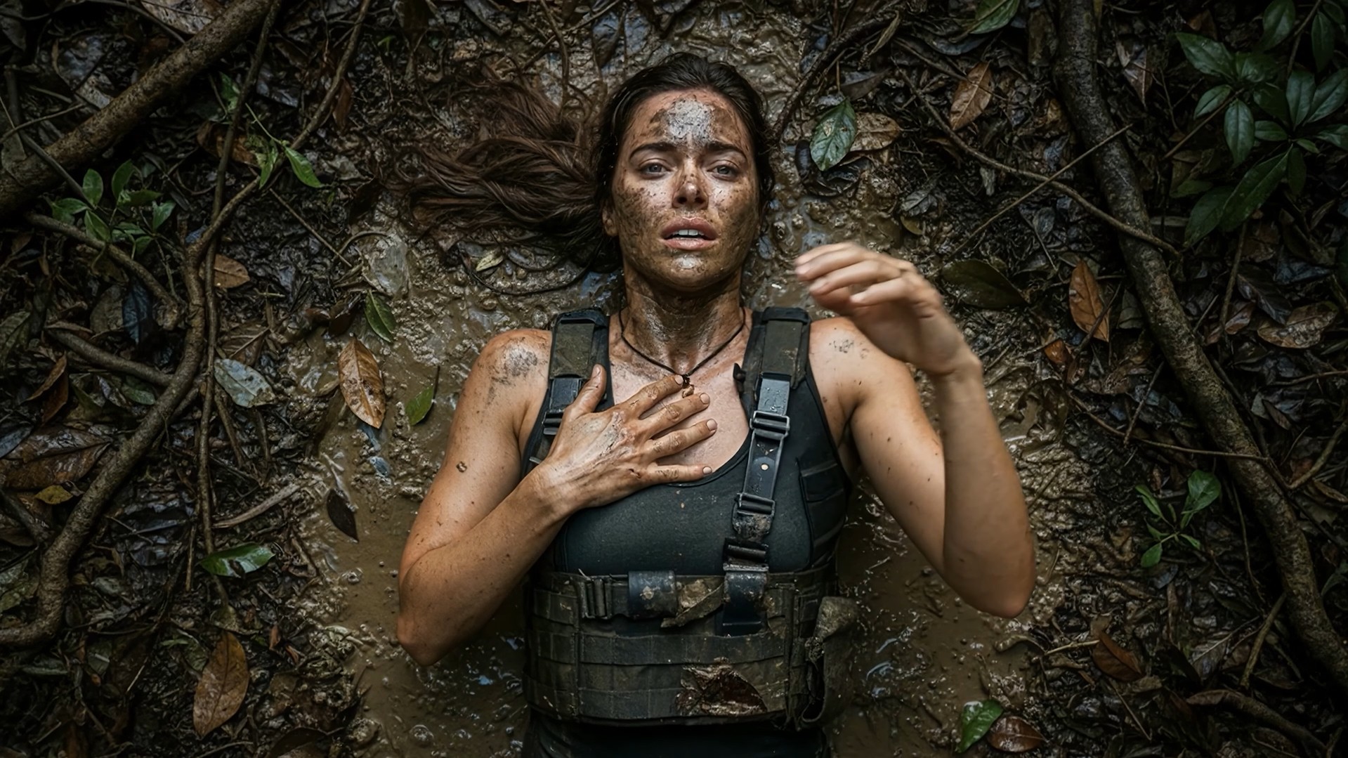 An AI-generated female character from "Non Player Combat" lying in mud, wearing a black top and tactical vest.