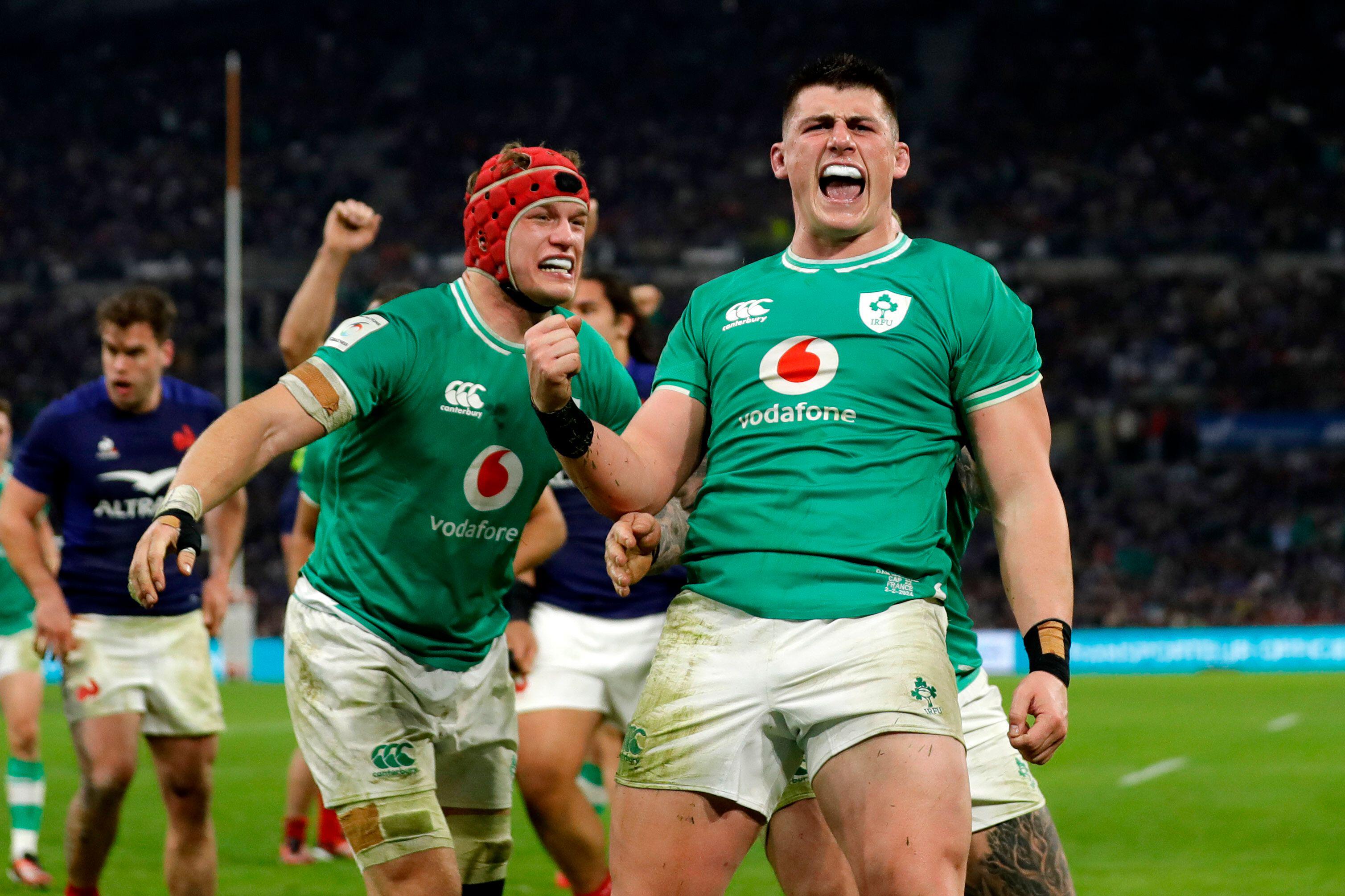 Marseille, France. 2nd February, 2024. Ireland's Dan Sheehan celebrates after scoring their fourth try with Josh van der Flier during the Guinness 6 Nations match between France and Ireland. Credit: Ben Whitley/Alamy Live News