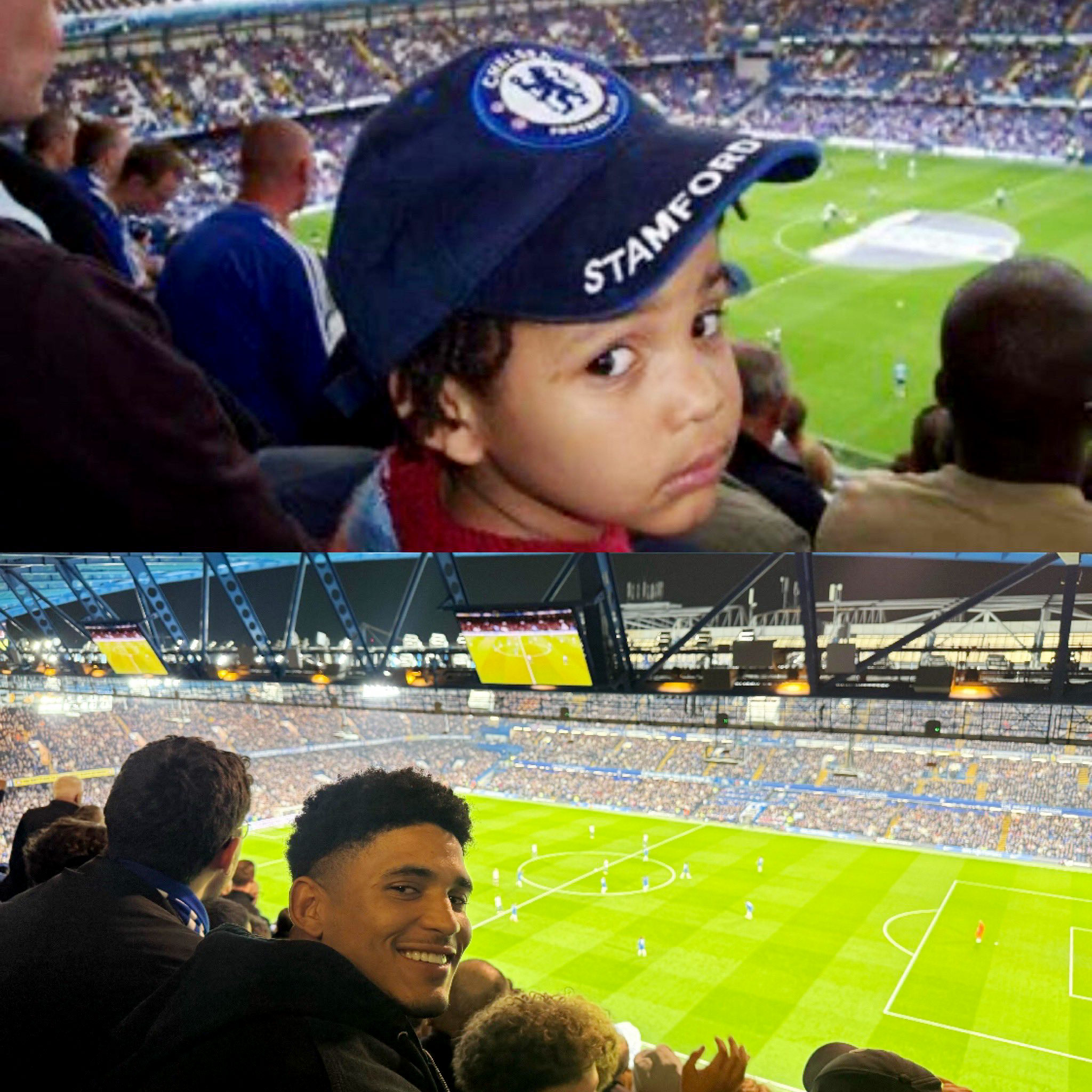 Collage of a child in a Chelsea hat and an adult man smiling at a Chelsea football match.