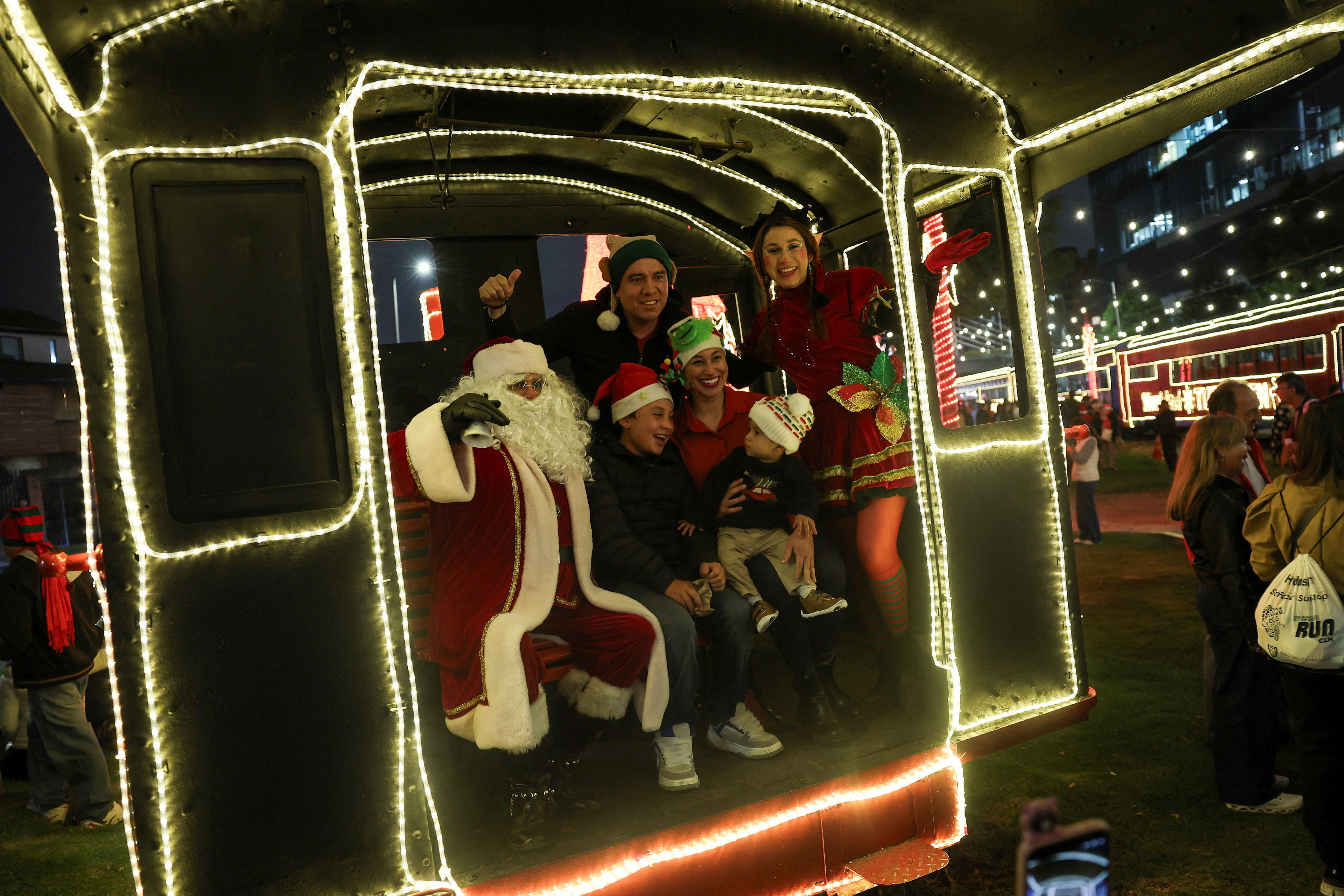 Heritage Tourist train 'La Sabana' decorated with Christmas lights, in Bogota