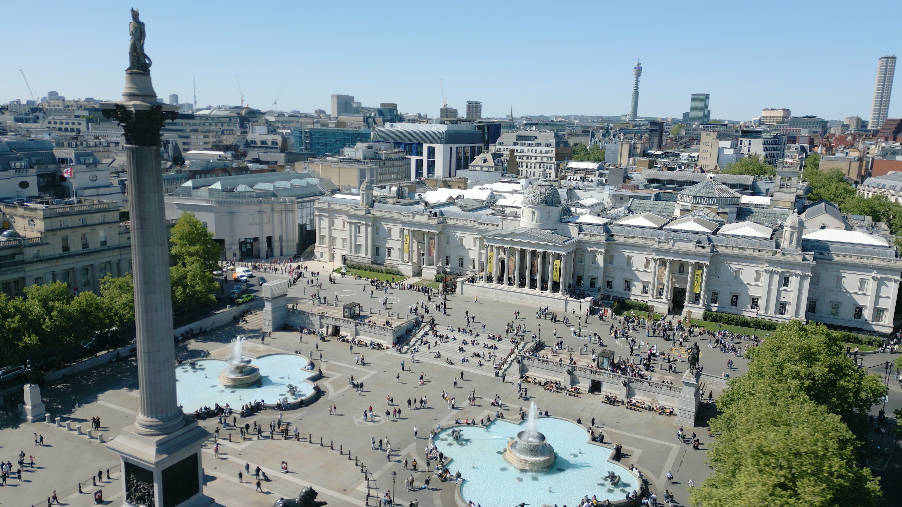 Drone shot of the National Gallery and Trafalgar Square.