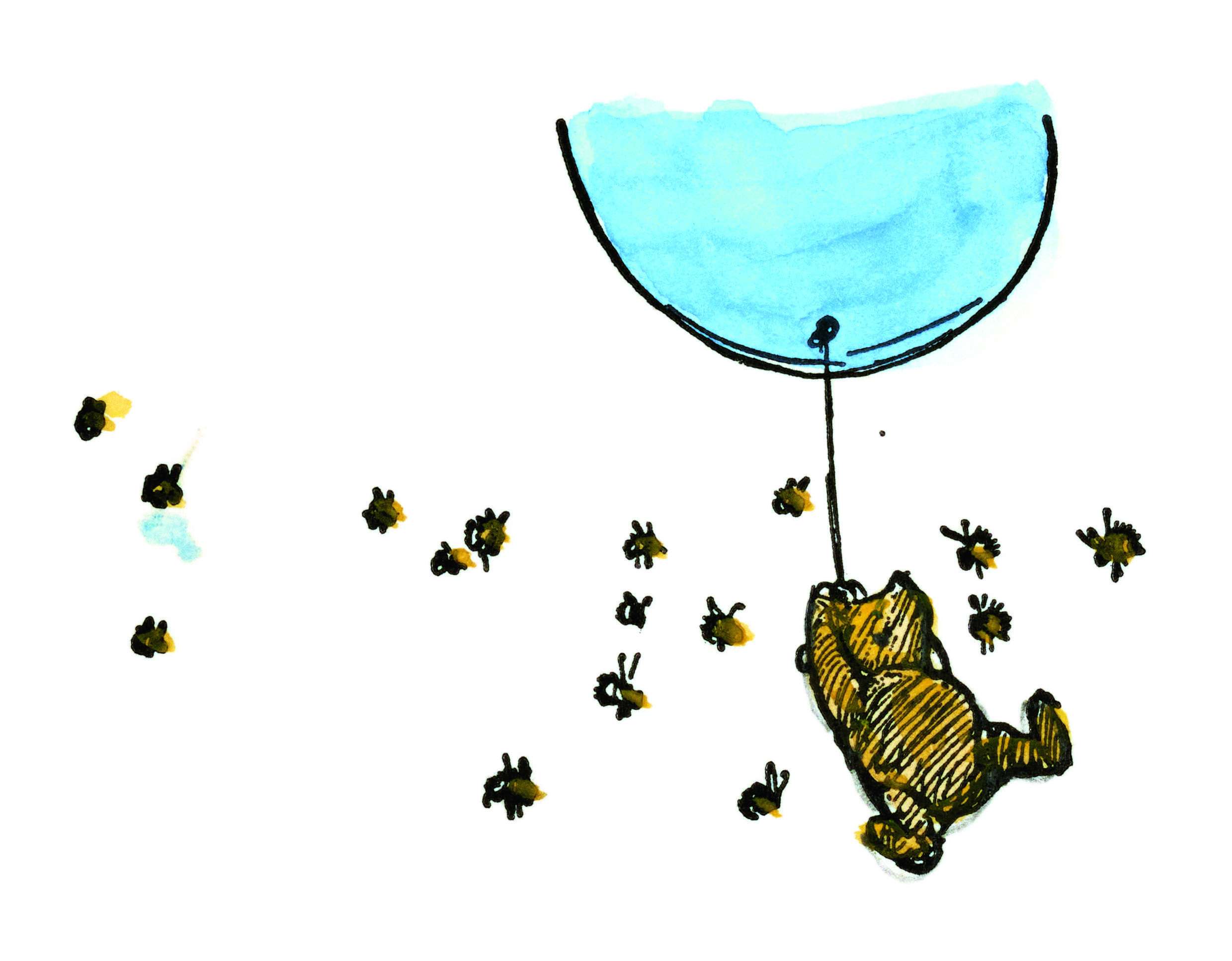 Illustration of Winnie the Pooh hanging from a blue balloon with bees flying around him.
