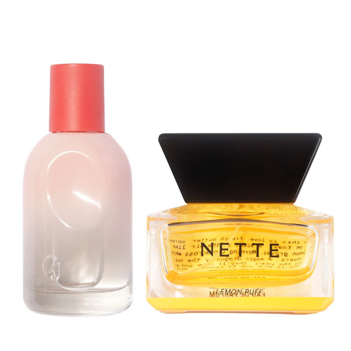 Two bottles of perfume, one pink and one yellow, with the yellow bottle labeled "NETTE."