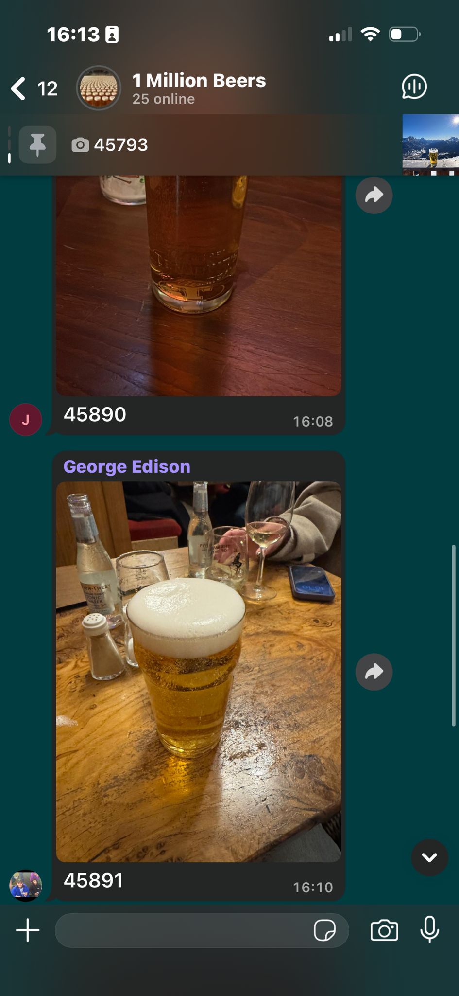 Screenshots of a WhatsApp chat from the "1 Million Beers" group showing two photos of beer glasses.