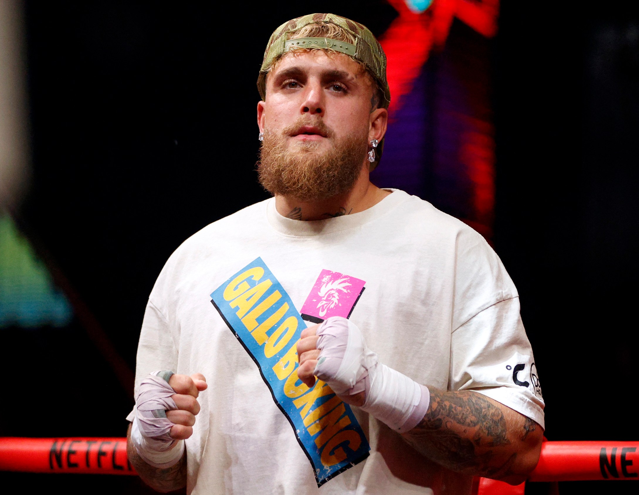 Jake Paul with bandaged fists at an open workout.