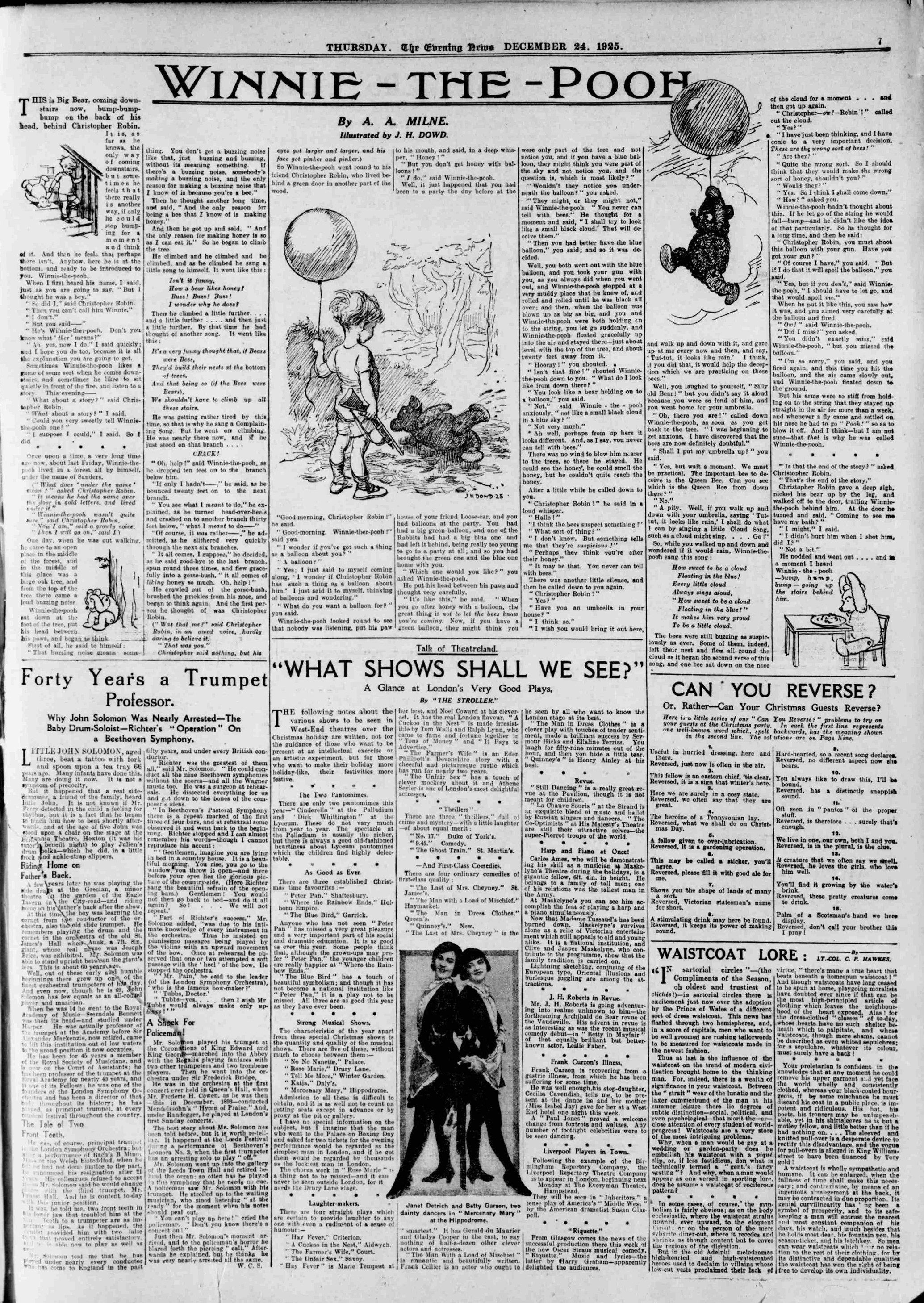 Winnie the Pooh's first feature in the Evening News from Christmas Eve 1925.