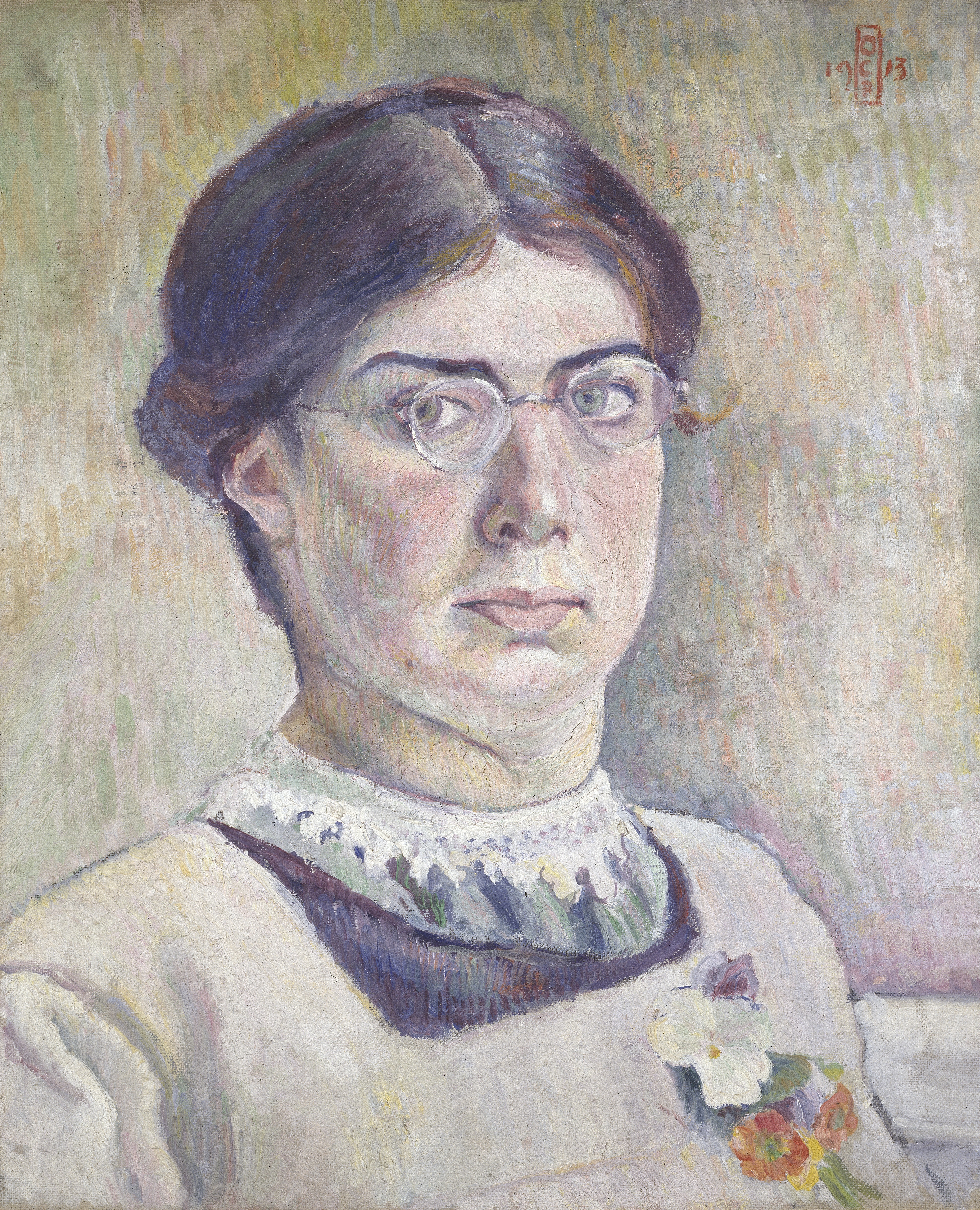 Oil painting self-portrait of Orovida Camille Pissarro wearing spectacles.