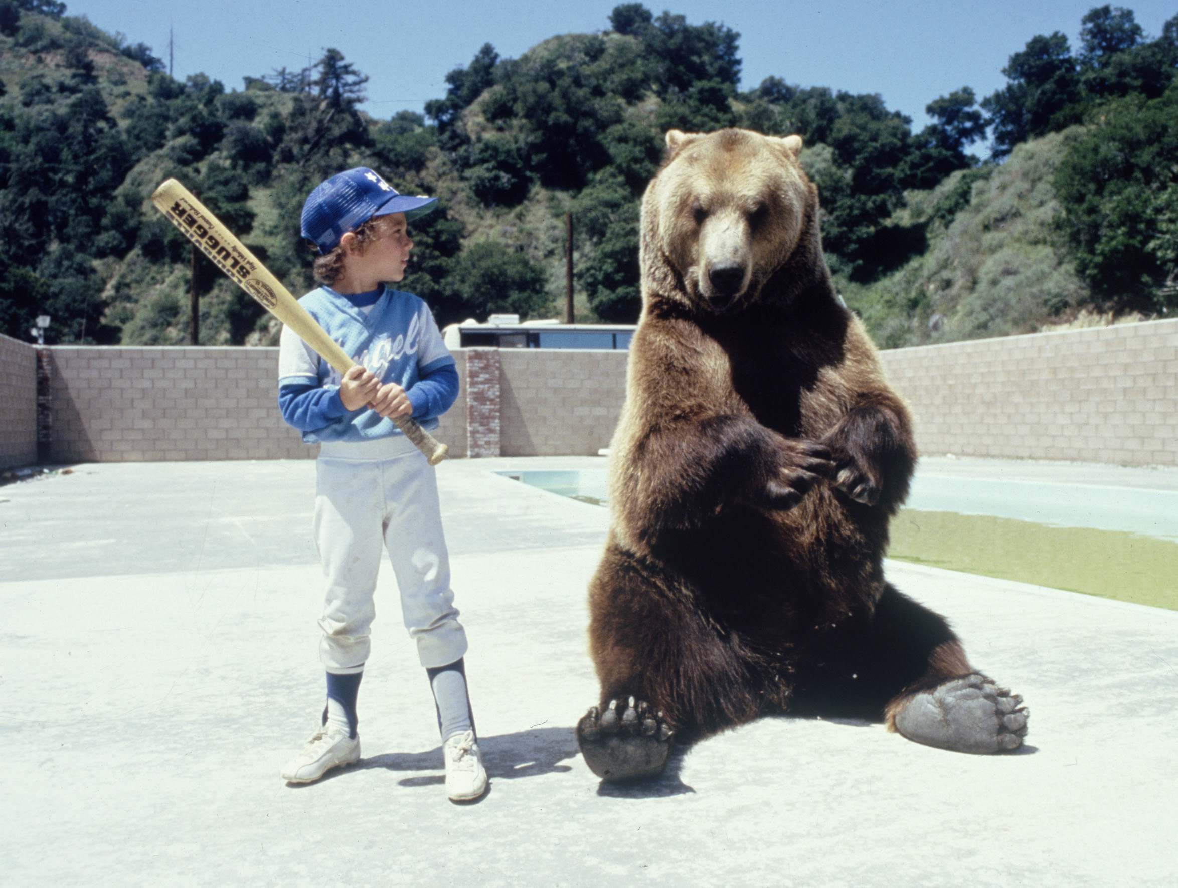 A young boy in a baseball uniform with a bat standing next to a large bear.