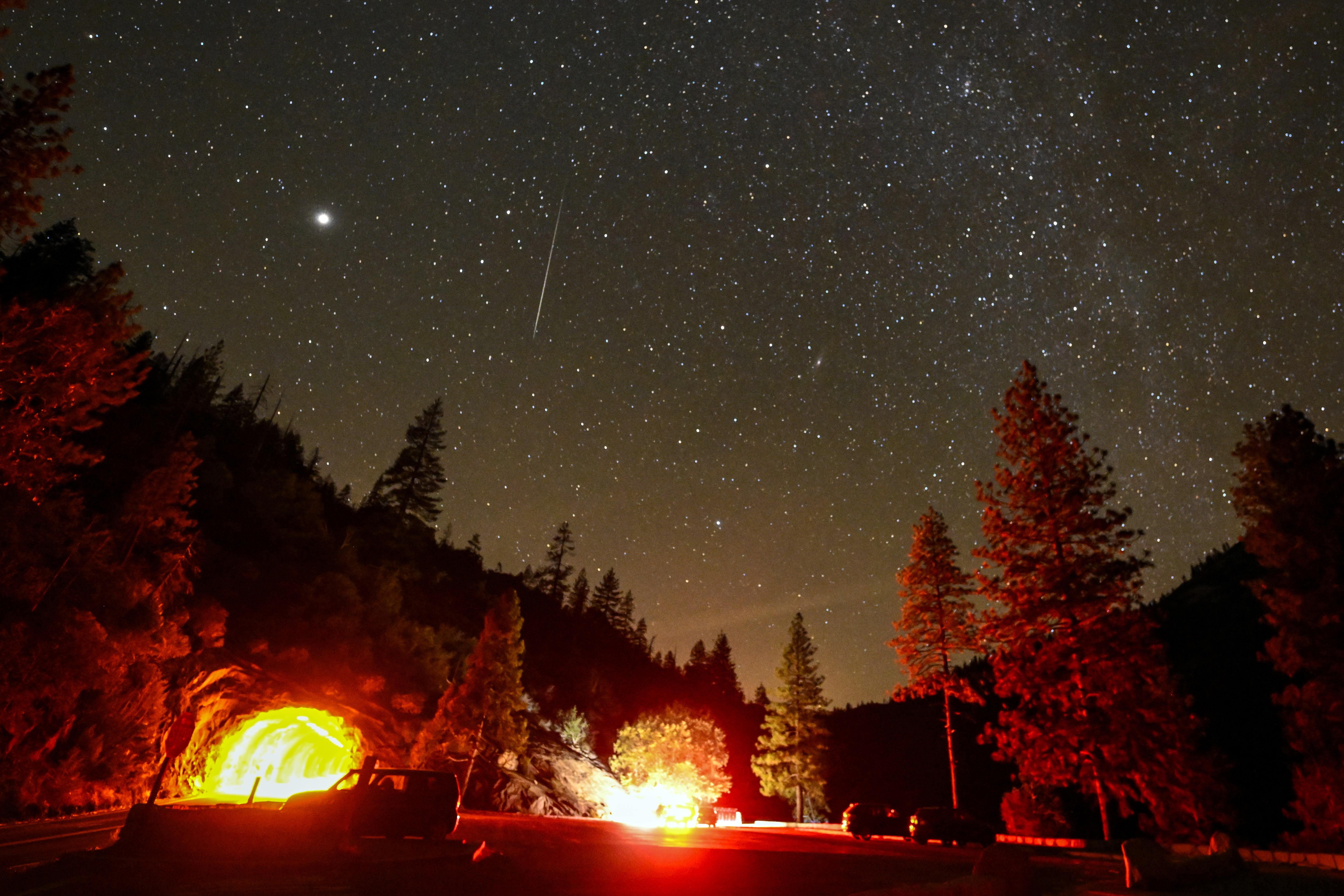 Geminid meteor shower and stargazing at the Tunnel View of Yosemite National Park in California.