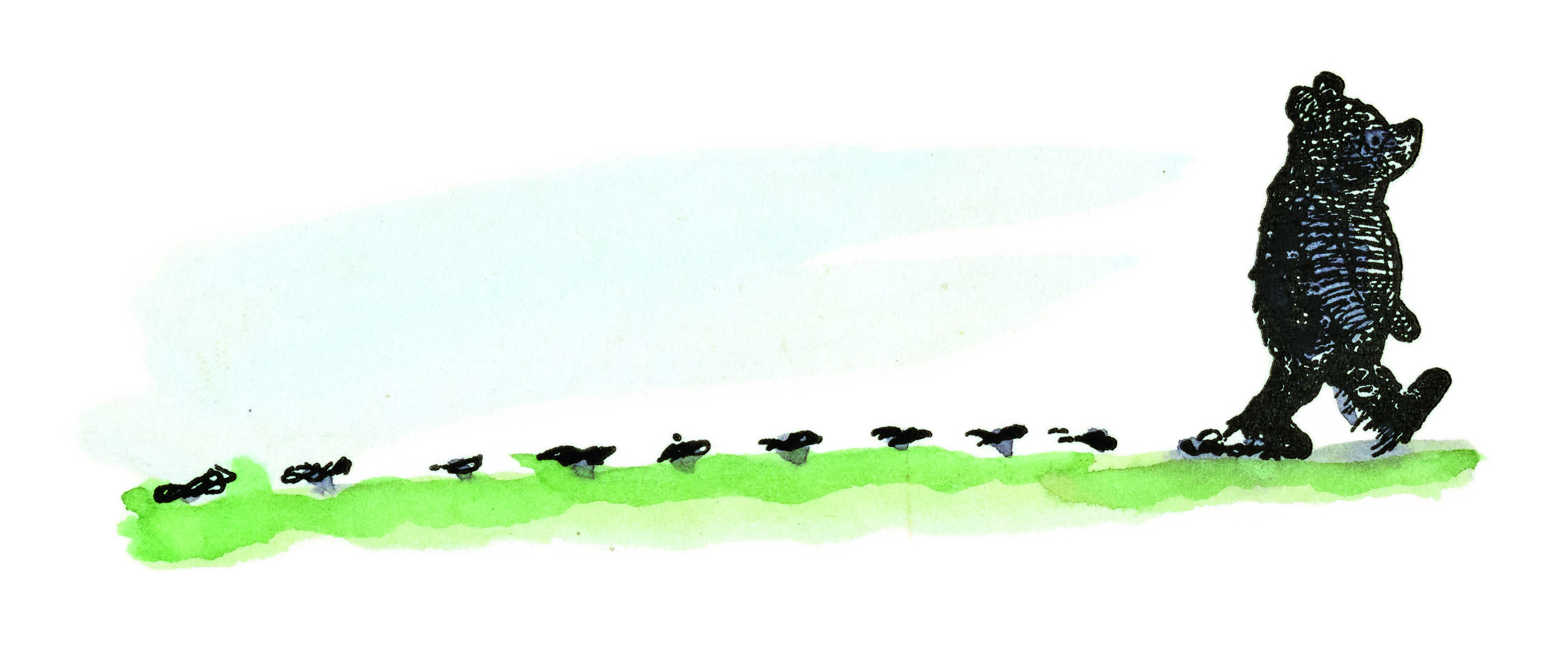 Illustration of Winnie the Pooh walking along a path with a line of bees following him.