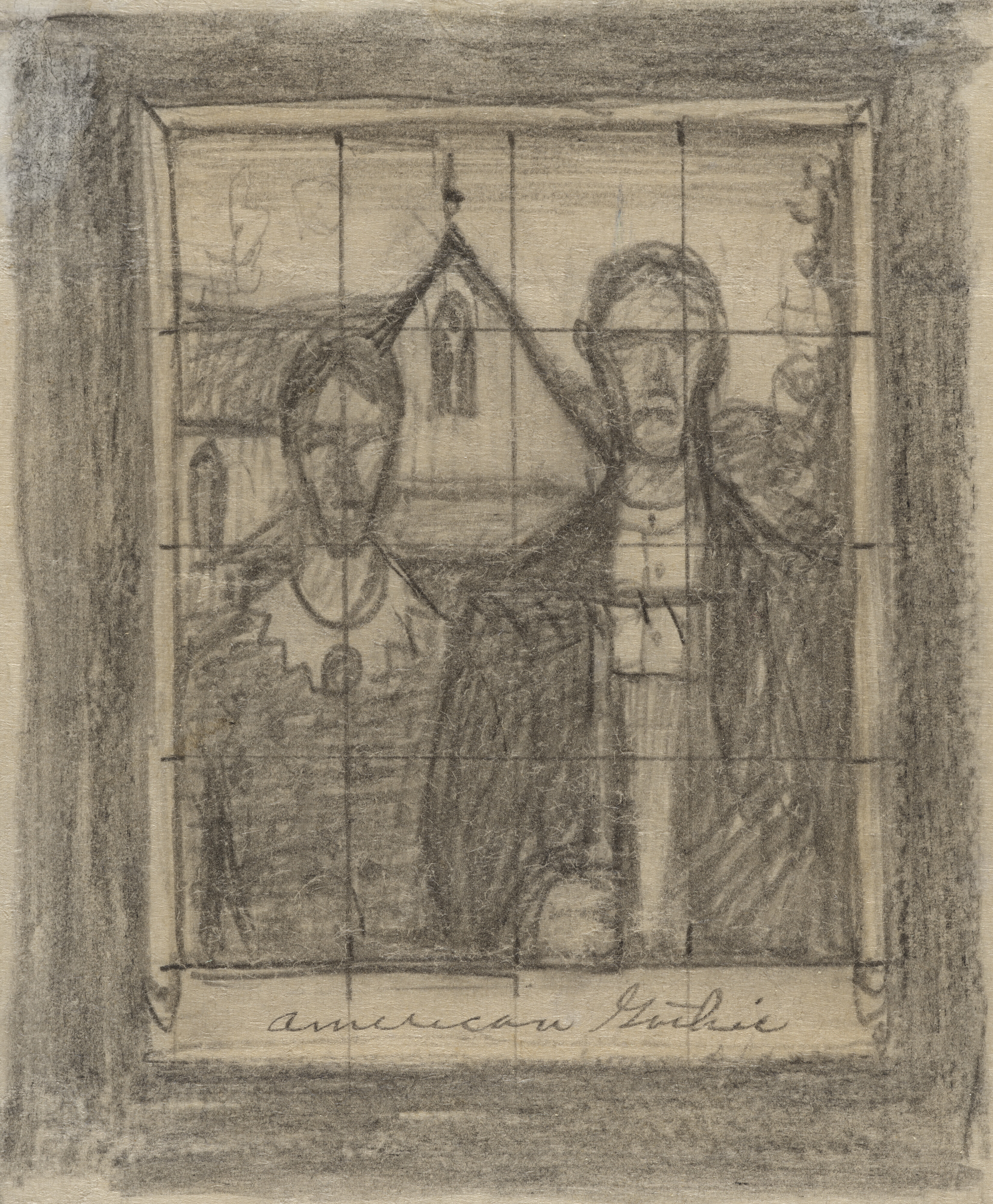 Illustration of Grant Wood's "Study for American Gothic," showing a man and woman in front of a house, drawn in pencil on paper.