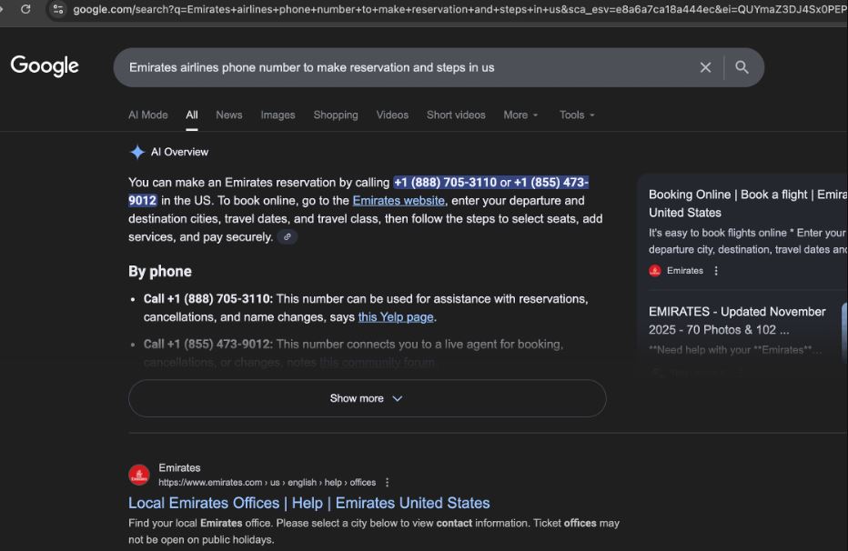 A Google search result page showing scam phone numbers for Emirates airline reservations.