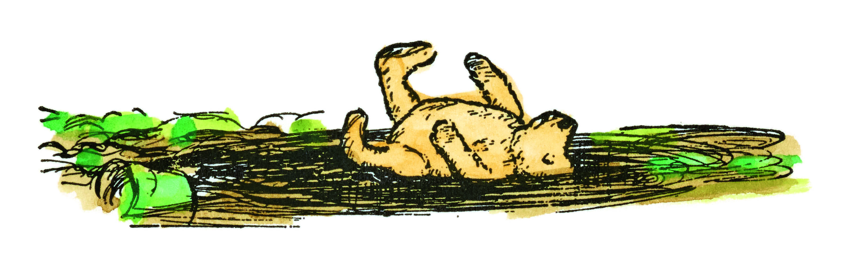 Illustration of Winnie the Pooh lying on his back in a muddy, grassy ditch.