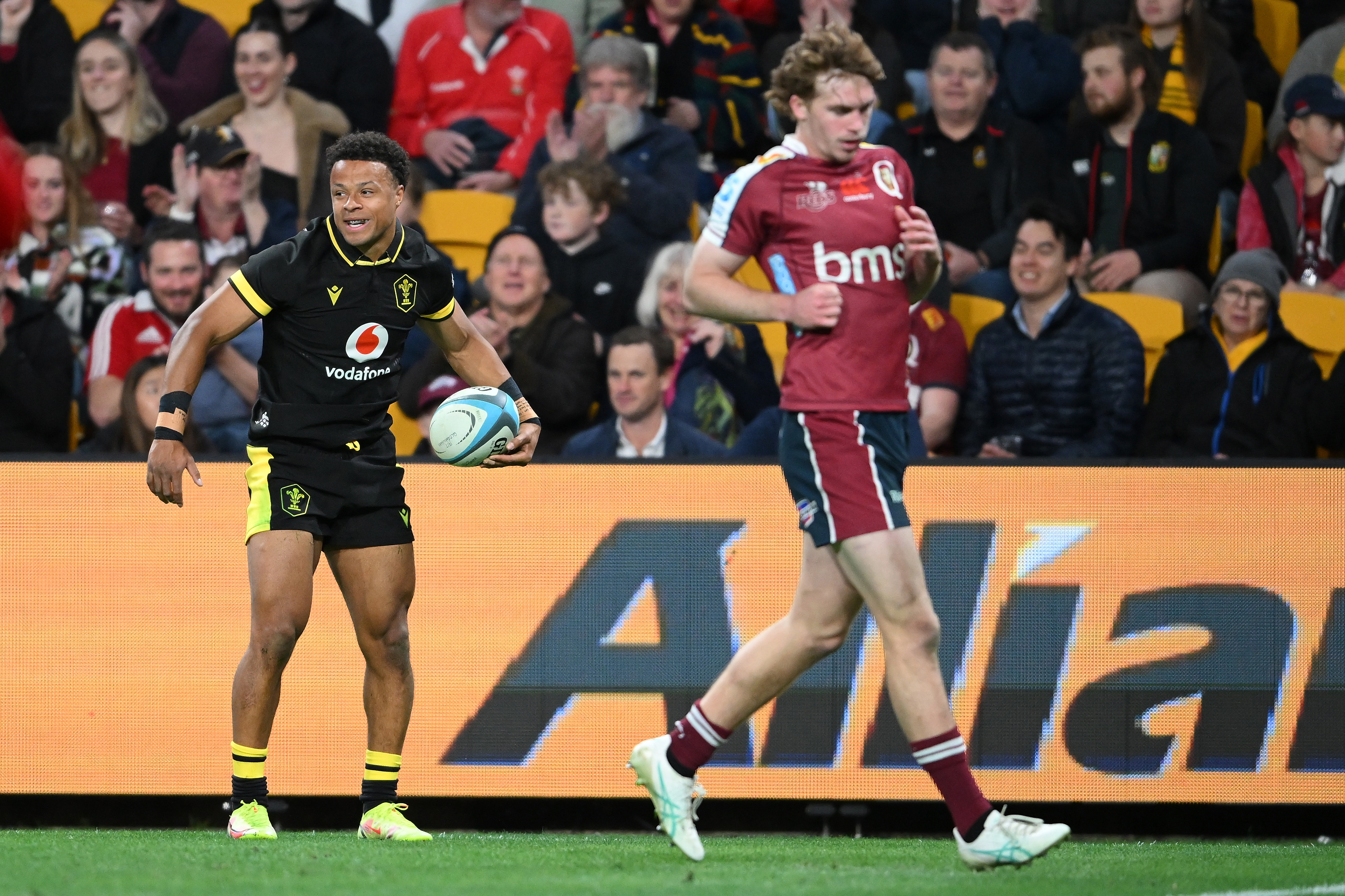 Regan Grace of Wales celebrates scoring a try during the match against Queensland Reds.