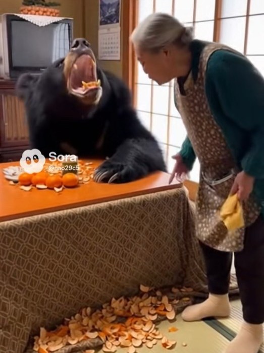 Illustration of a black bear with its mouth open eating oranges on a table, and an elderly woman watching it.