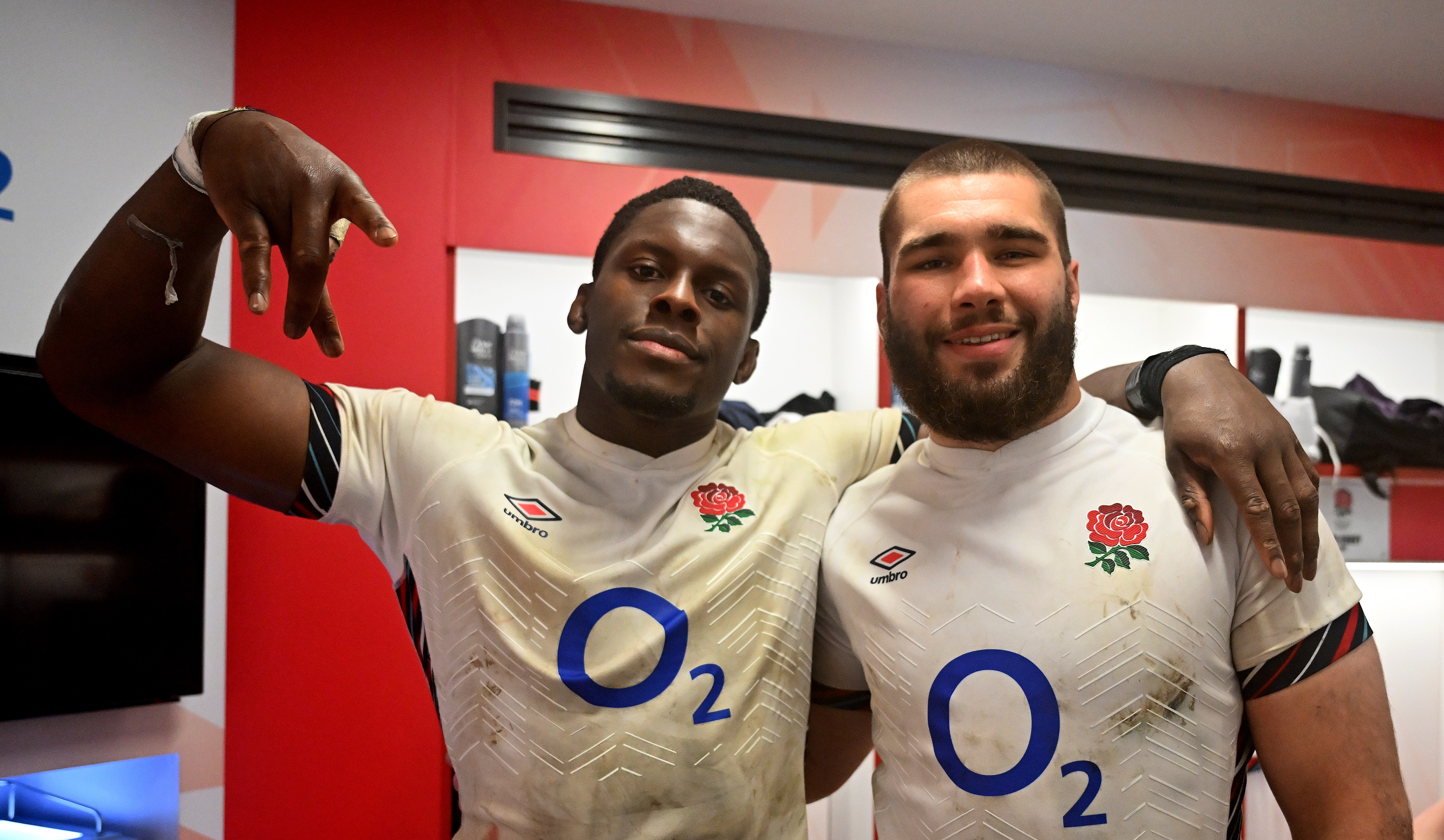 Maro Itoje and George Martin posing for a photograph in the locker room after the Six Nations match between England and France.