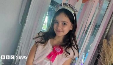 Aria smiles at the camera. She is wearing a pink birthday dress, a bright pink rosette and a birthday crown. She has long brown hair and the doorway behind her is decorated with pink streamers.